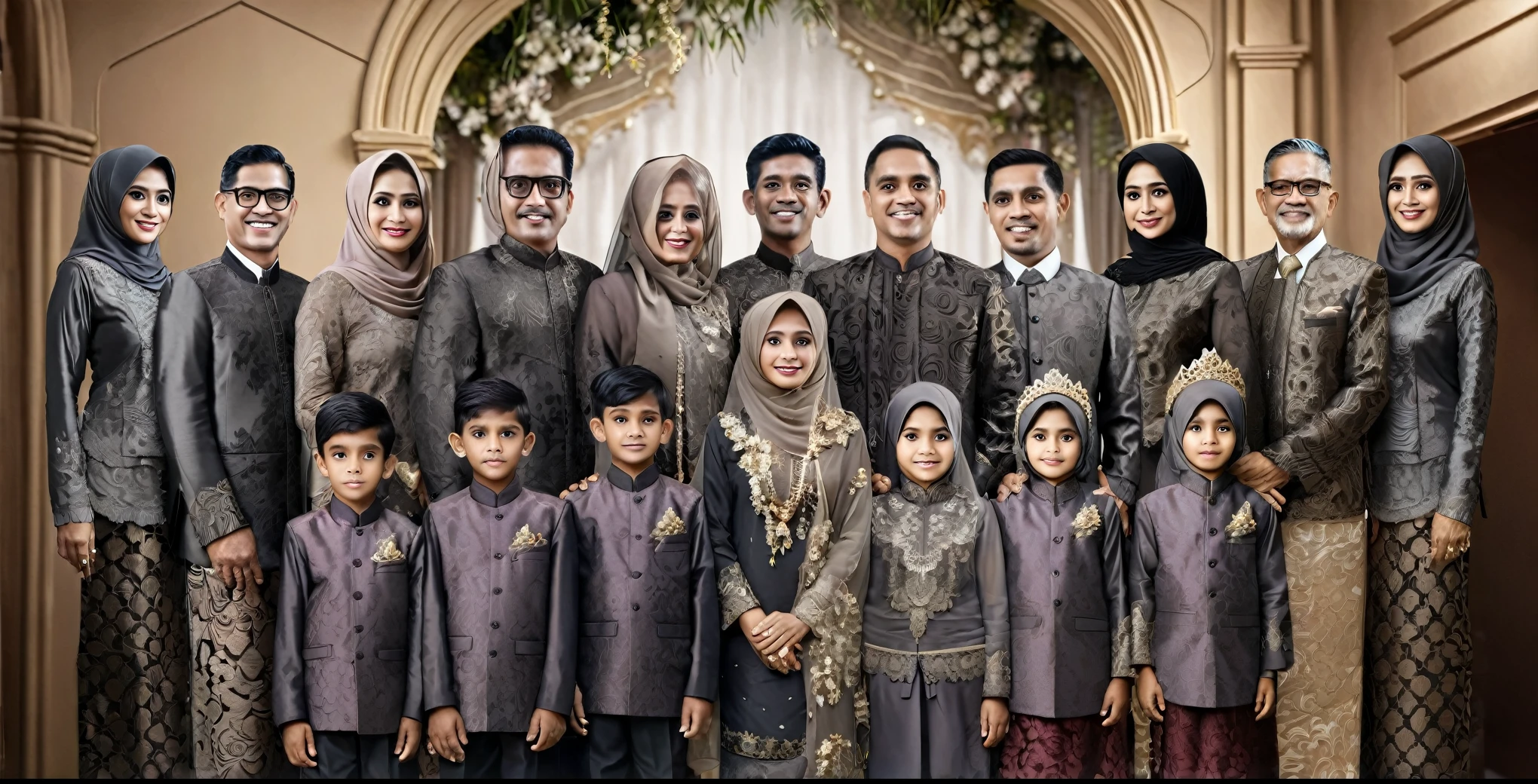 there are many people standing together in a group posing for a picture, barong family, an indonesian family portrait, full protrait, family portrait, backdrop, barong family member, happy family, emir, potrait, wedding, family, mourning family, wedding photo, photoshopped, hana alisa omer, dynasty, formal attire, old picture, 9k, 9 k