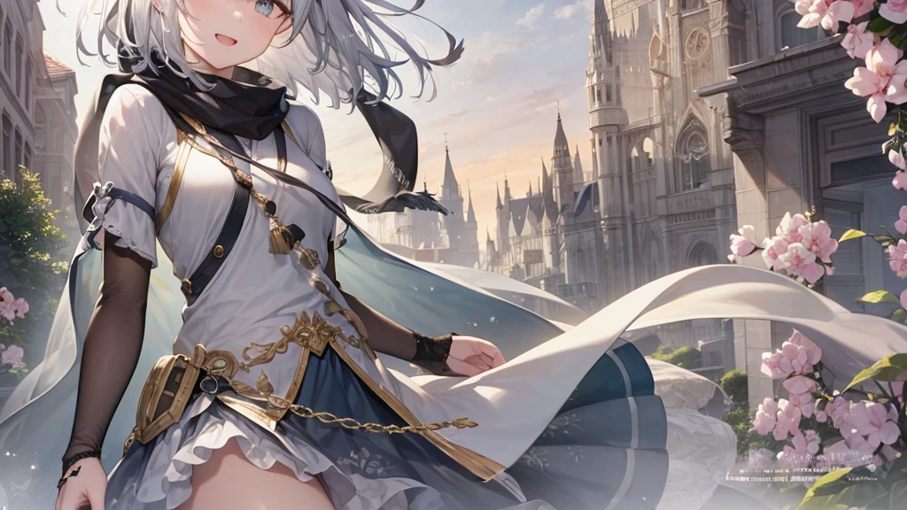 Her eyes were shining、Mysterious and enchanting atmosphere。With AI Painting、とてもShort Hair, Long bangs between the eyes, Grey Eyes , Very detailed,(masterpiece、highest quality)、alone、Gray Hair、Fantasy, Silver Hair, Beautiful Eyes,Ecstasy, charm, attract the audience, Fantasyな風景、White shirt、smile、Open your mouth、Scarf、short hair、Short Hair、hairpin、Dark Eyes