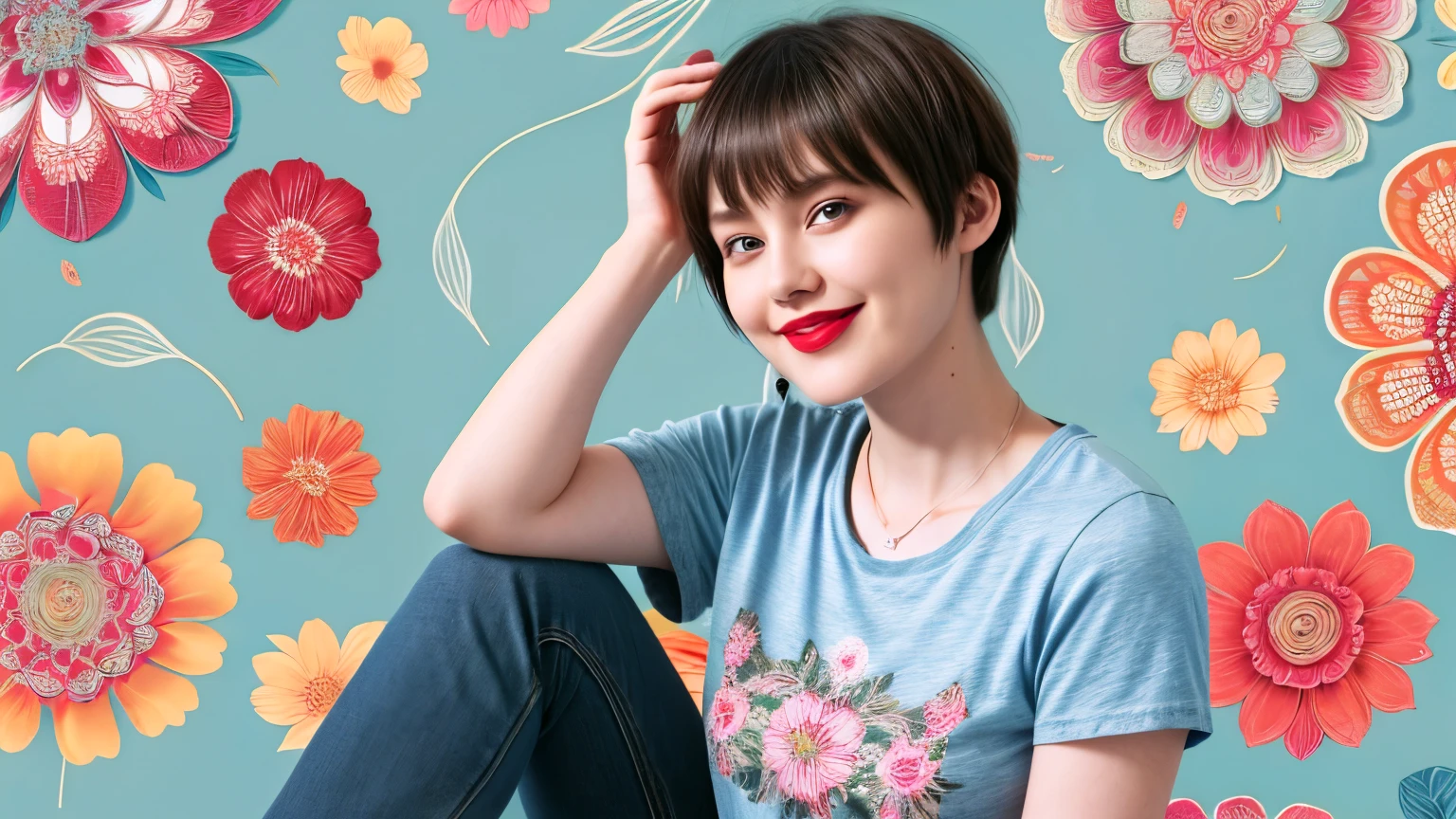 239 18-year-old female, short hair, (Jeans andT-shirt), A kind smile, lipstick, (Floral Background、Fractal Patterns)