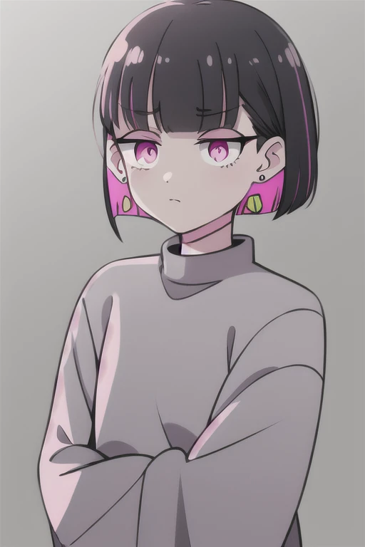 pink eyes, nirachan, earrings, bob cut, grey shirt,
standing, upper body, 
 (high quality:1.1), (high resolution:1.1), 4k, 1girl, (blindfolded:1.1) 