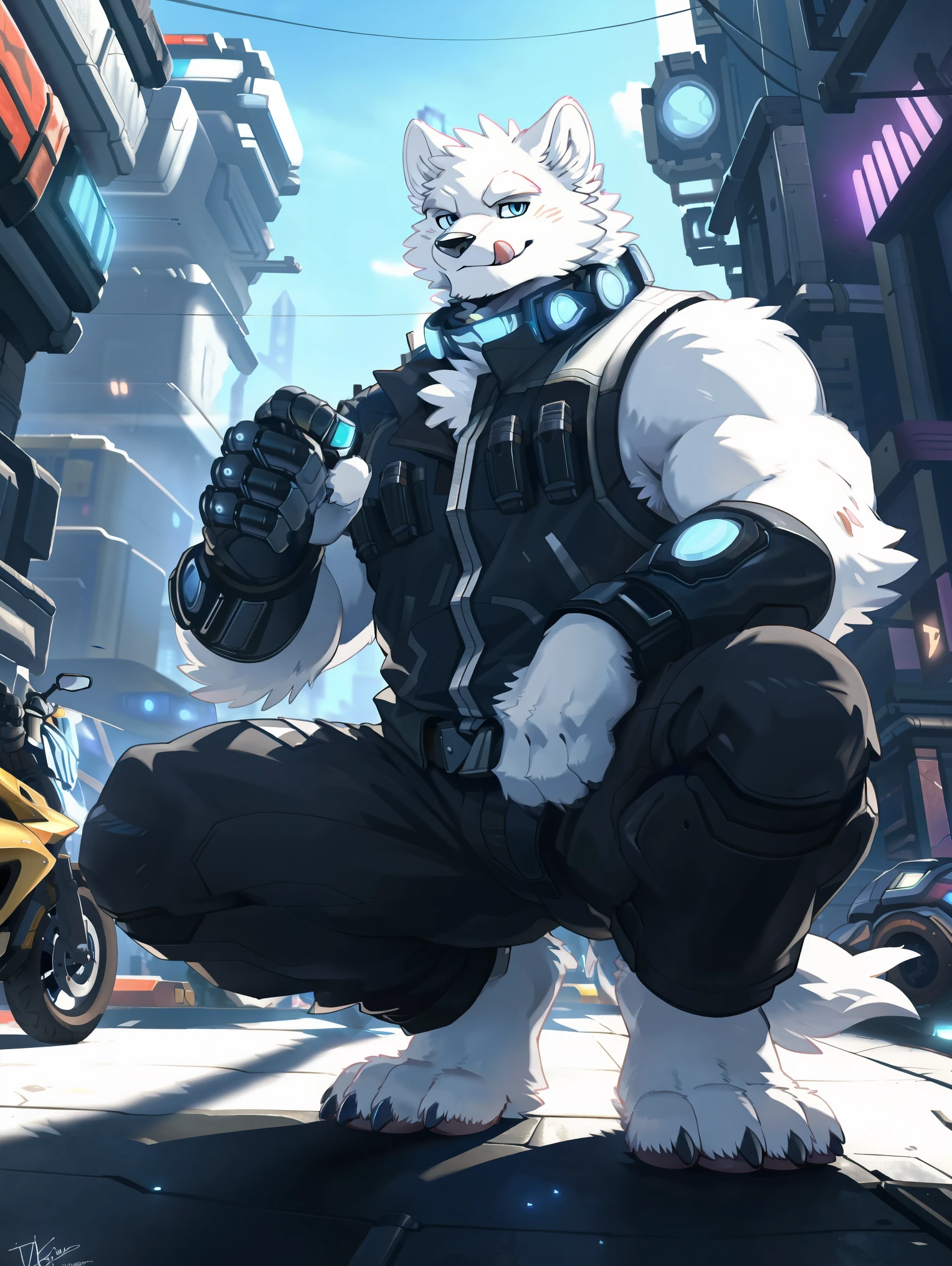 ((all white fur:1.5)), solo, Perfect sky blue eyes, Spike Collar, (artist:Takemoto Arashi), Mature face, elder, longeyelashes, Wearing actical functional work colthing|Black pants, ((Thin and tall figure)), Crouching next to the motorcycle, city wall background, barefoot, fang out, Smile evilly, (Cyberpunk:1.5), oral invitation, local ruffian, rogue, maliciously, licking lips, There is a high-tech motorcycle next to the character., first-person view, from side, atmospheric perspective, super detail, high details, 8k