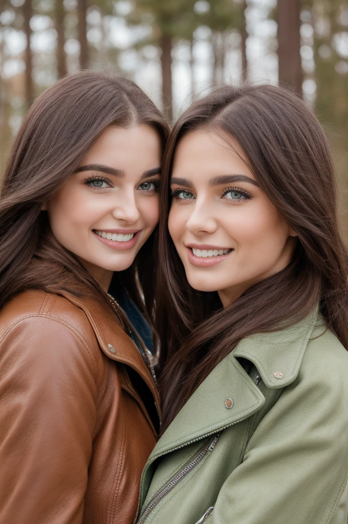 Professional photograph, best quality, 8K, hyper detailed, half body, A close up portrait of two gorgeous, beautiful, wonderful women, croatian and serbian females together posing for the camera, both women have super long hair, serbian girl has dark brown hair and croatian girl has light brown hair, the both of them are wearing winter outfits, both girls are wearing leather jackets. Both women are wonderful, dream, ethereal, timeless, majestic beauties from Croatia and Serbia. Slavic dream beauties who comes to the hearts. They're glad, smiling and enjoying a day at park in winter. True friendship, they pose happy for the camera.