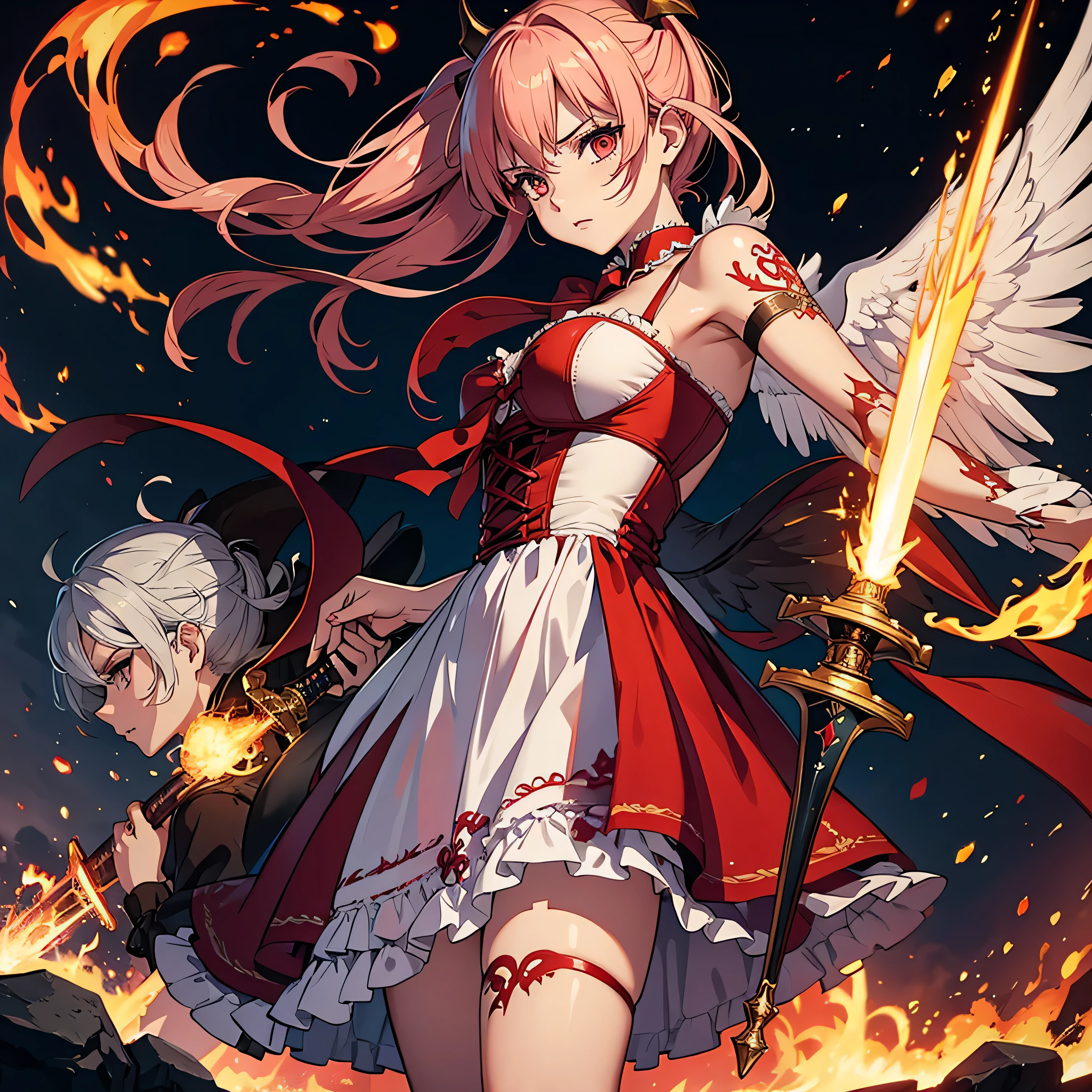 beautiful angel fighting with demon, tattoo, fire, sword, lolita clothes