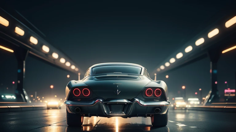 1960s luxury sedan, retro futuristic car, highly detailed, elegant vintage design, intricate chrome details, sleek aerodynamic body, rear view perspective, mysterious atmosphere, glowing neon lights, cyberpunk cityscape, cinematic lighting, moody dramatic colors, photorealistic rendering, 8k, artstation quality