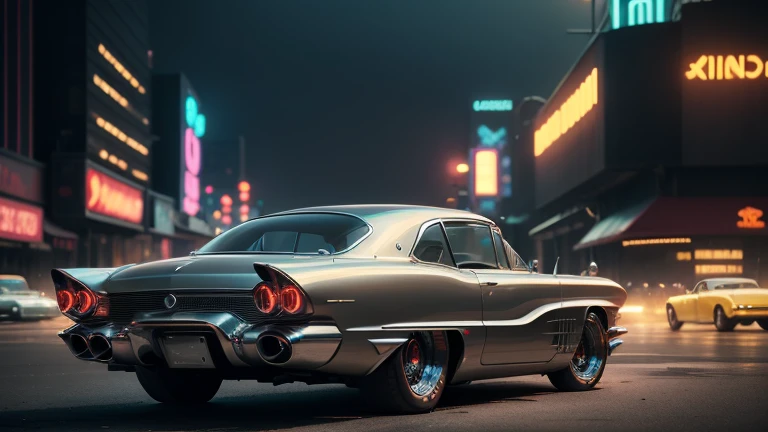 1960s luxury sedan, retro futuristic car, highly detailed, elegant vintage design, intricate chrome details, sleek aerodynamic body, rear view perspective, mysterious atmosphere, glowing neon lights, cyberpunk cityscape, cinematic lighting, moody dramatic colors, photorealistic rendering, 8k, artstation quality