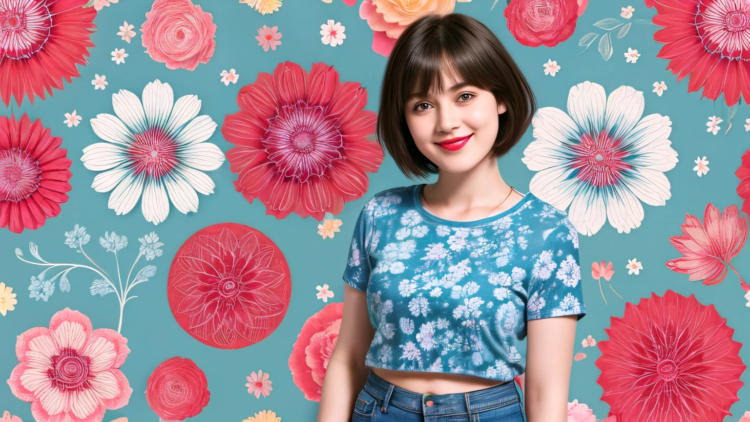 239 18-year-old female, short hair, (Jeans andＴ-shirt), A kind smile, lipstick, (Floral Background、Fractal Patterns)
