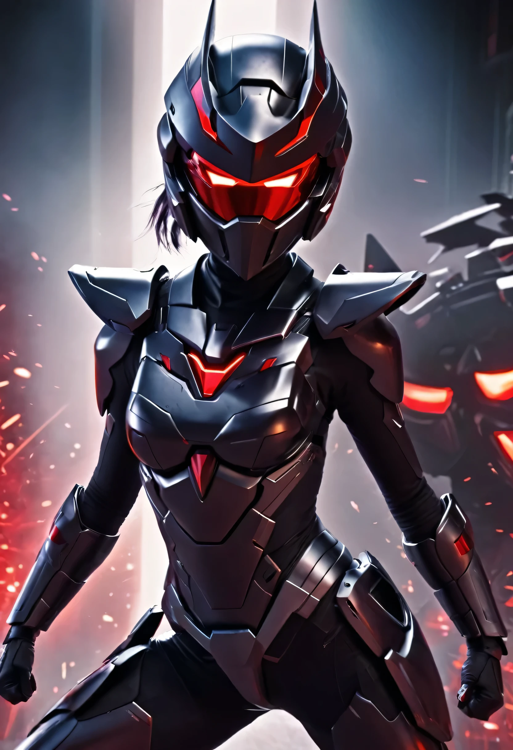 futuristic lady super villain in shredder masked gundam helmet, iconic ninja stance, red eyes, grin, jumping uhd, 8k, epicrealism, 