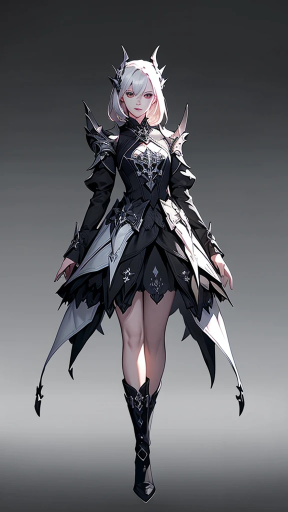 game design，beautiful, best quality,1 Girl, Looking at the audience, Intricate details,, ((Strong contrast between light and dark)),，Wearing a black dress，boots，White hair。（（White background））Standing posture。