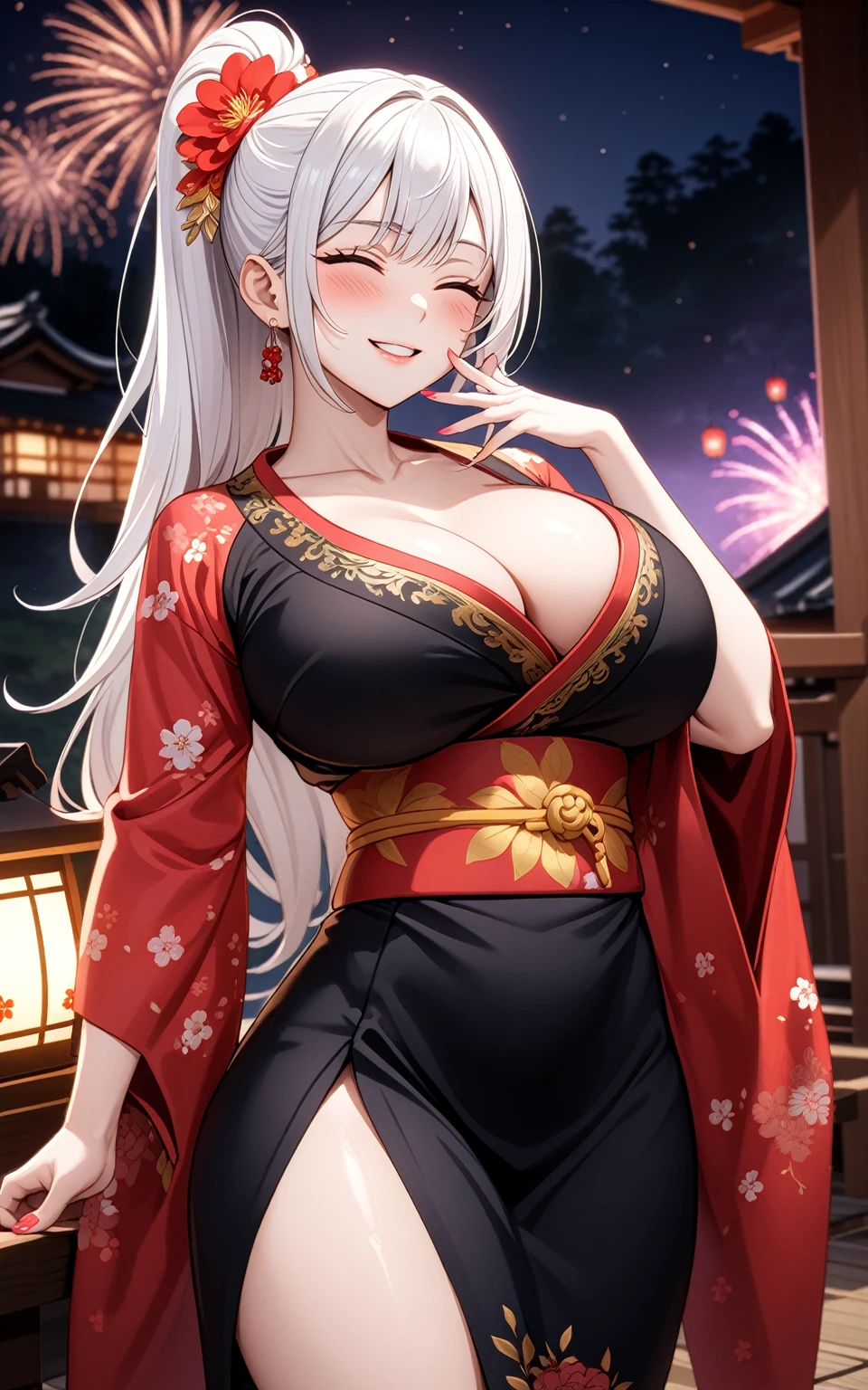 ((one personの女性)), Beautiful Face,Laugh shyly,((Wink:2.0)),Laughing with your mouth open,turn bright red,Glossy pink lips,night,Japanese-style room of the shrine,firework,((Anime style background)),masterpiece, highest quality, so beautiful, Latest, Complex details, (Pink long nails),AI-generated, Complex,High resolution, highest quality, super high quality,3D Images、View your viewers、3D Images,one person,Long white hair,High Ponytail,blue eyes,Anime woman posing for a photo, [[Fine grain、Colorful eyes、Shining Eyes:1.15]],(Squint your eyes:1.1),a hyperRealistic , hyperRealistic , Realistic,Anime woman with long and white hair, Smooth anime CG art, A woman in a colorful kimono with gold embroidery, (Black kimono),Red floral pattern,Long flower hair ornament,Big earrings,(Big Breasts:1.3),Mature Body,expensive,Big Ass,Fine details,Tight waist,Abdominal muscles,(Face close-up:1.5),(Tilt your face:1.8)