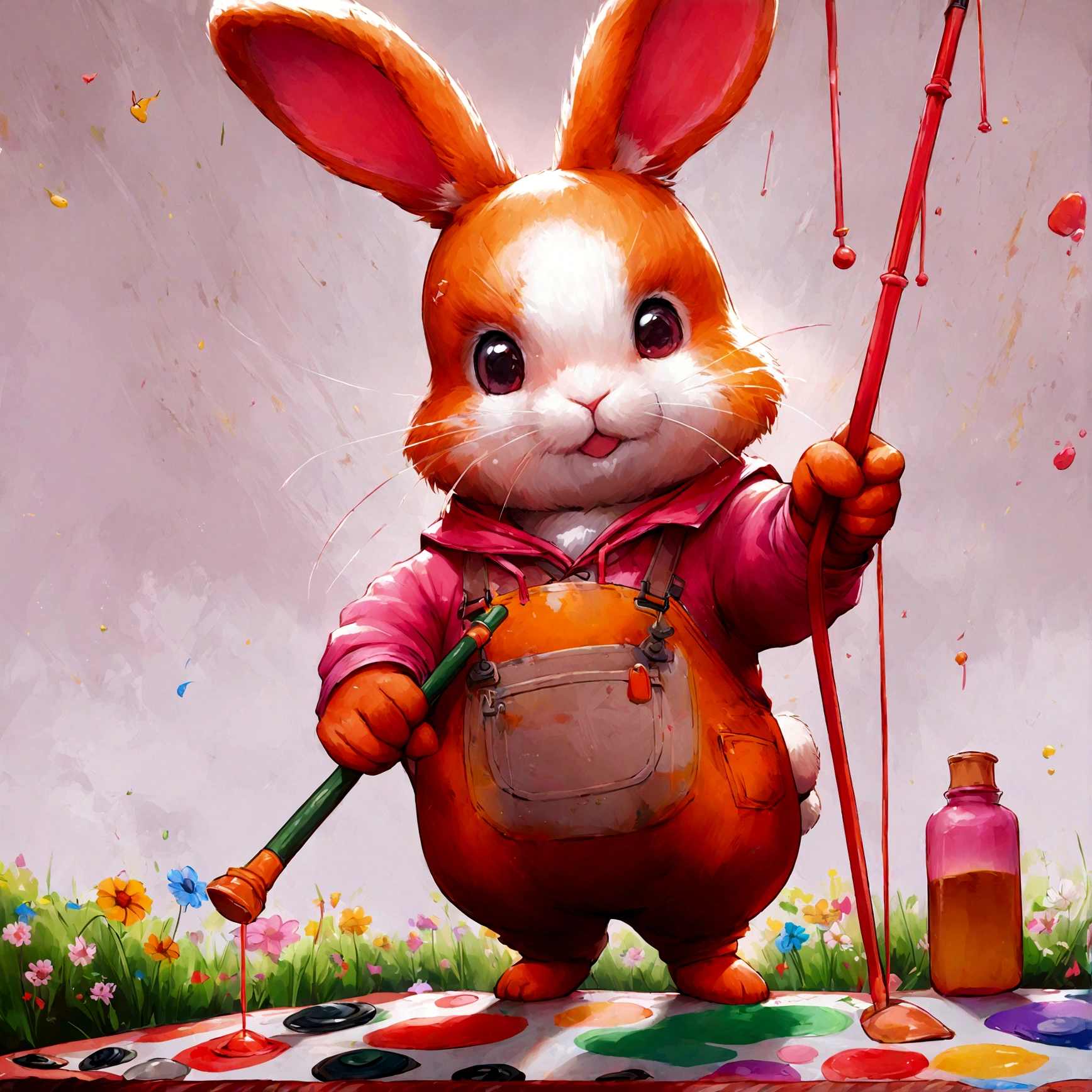 A whimsical rabbit artist painting a colorful landscape on a canvas in a sunny meadow.