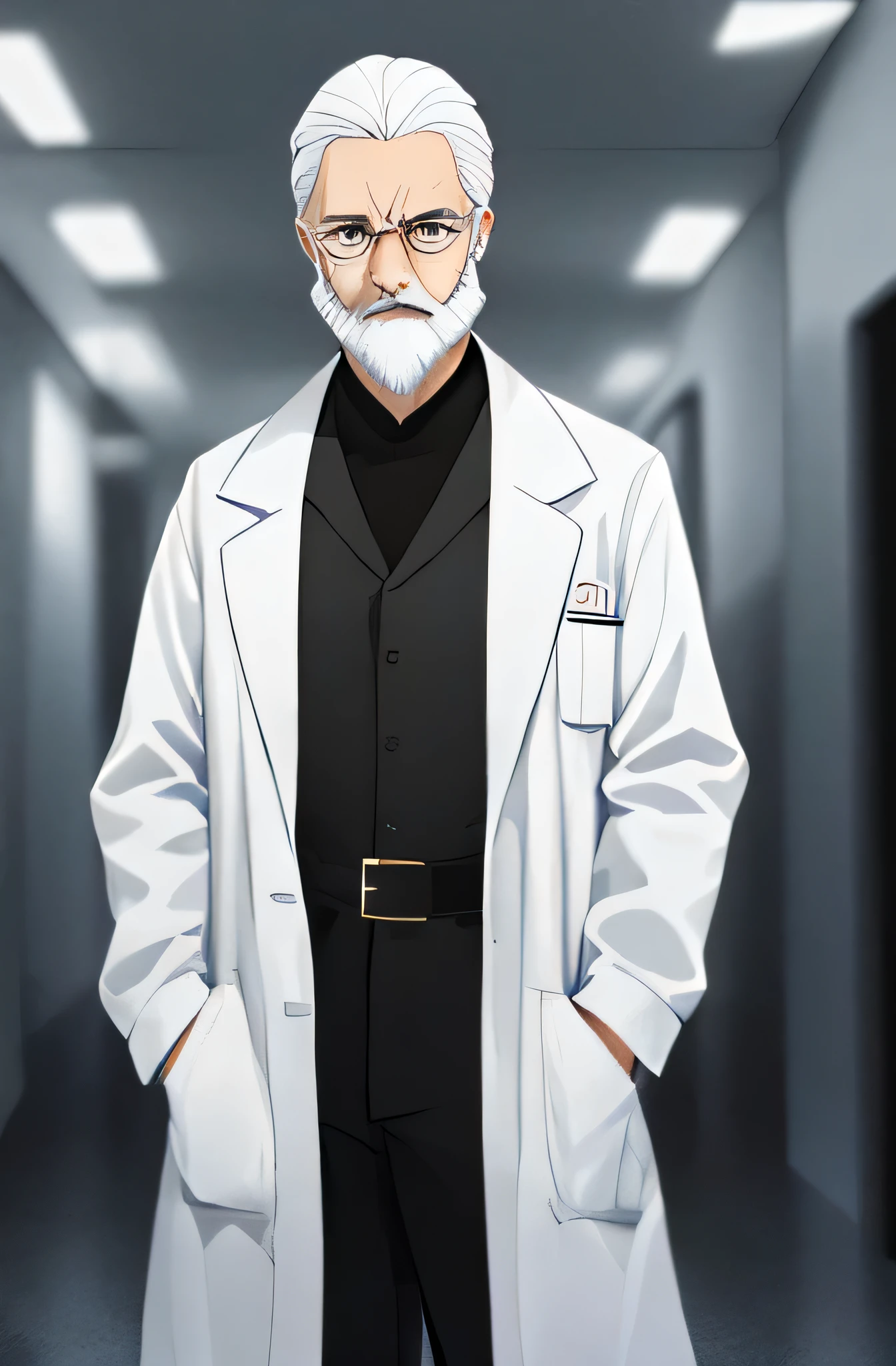 The character is a 45-year-old doctor, alto (1,79m), vestido com um jaleco branco. His hair and beard are completely white. He is standing, com uma postura ereta e firme, one hand casually in the pocket of the coat. Your eyes are serious and penetrating, reflecting extensive medical experience. Your expression conveys seriousness, Determination and confidence.