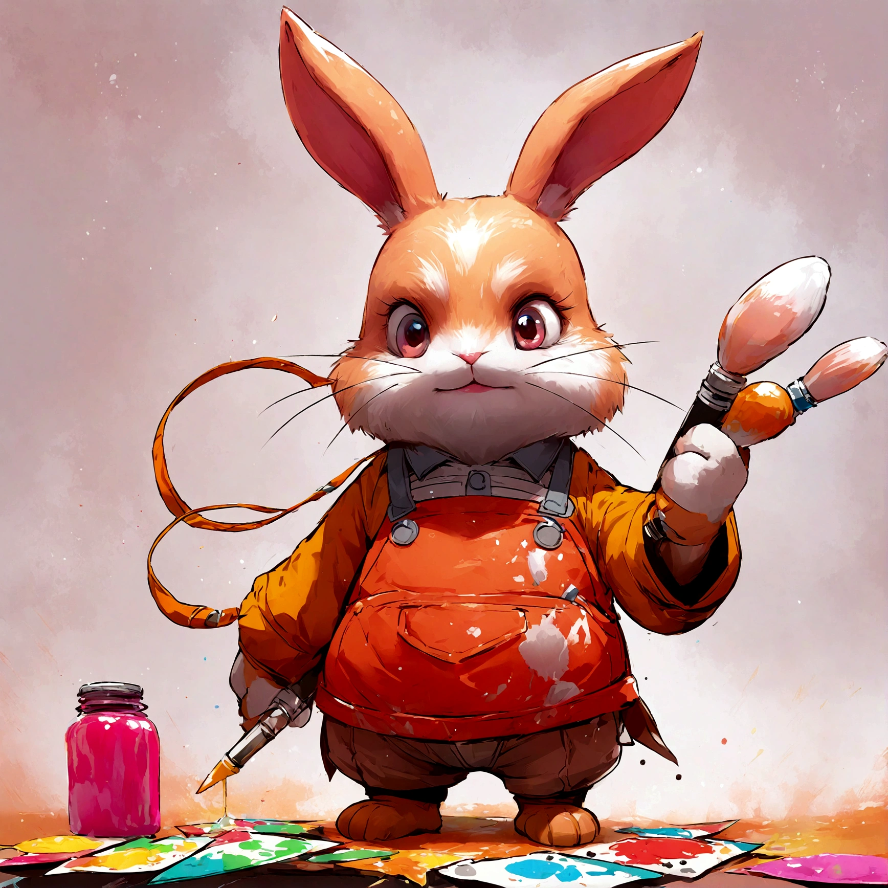 A cartoon bunny wearing a beret and apron, masterfully creating an abstract piece with vibrant paints.