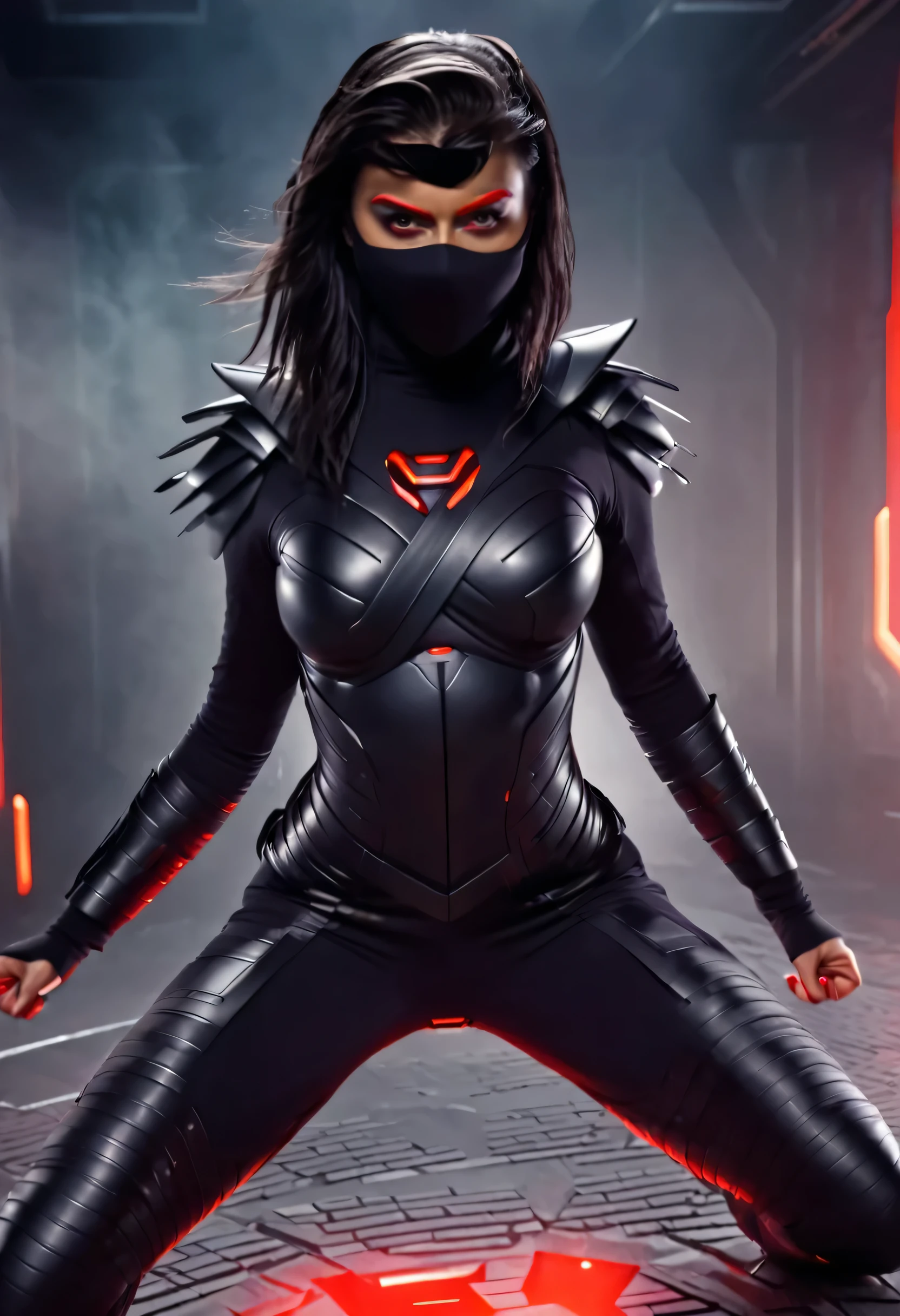 futuristic lady super villain in shredder masked witchcraft suit, iconic ninja stance, red eyes, grin, jumping uhd, 8k, epicrealism,