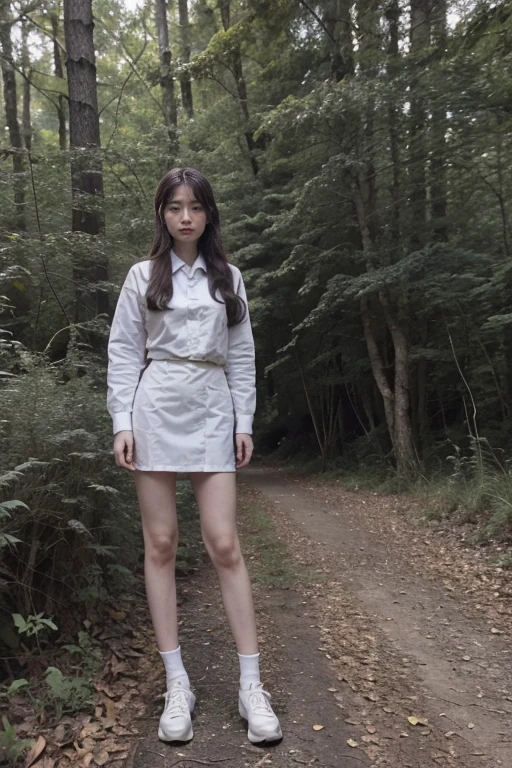 4k, Practical, Very detailed, There was a girl in the woods, She is a nurse, long hair, Wearing nurse uniform,Slender long legs,25 years old, whole body