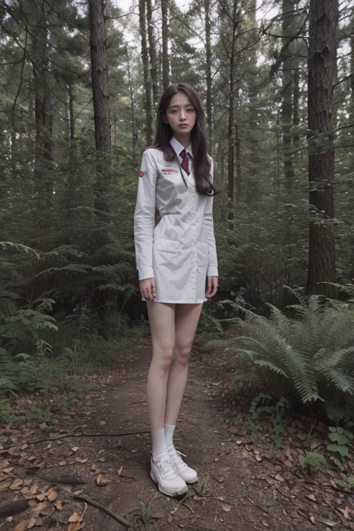 4k, Practical, Very detailed, There was a girl in the woods, She is a nurse, long hair, Wearing nurse uniform，Slender long legs，25 years old, whole body