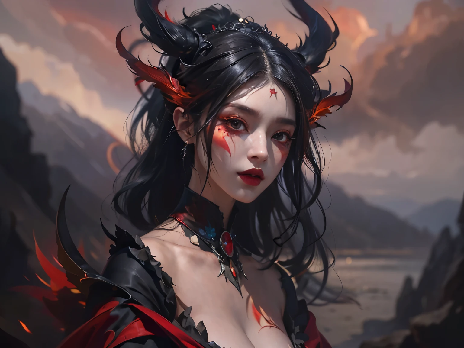 1 beautiful devil woman from hell, In the Dark: 1.6), surreal female portrait by David Hockney and Alphonse Mucha, fantasy art, korea doll, photorealism, dynamic lighting, artstation, poster, volumetric lighting, very detailed faces, 8k ultra, Awarded, in the dark, deep shadow, low key, cowboy lens, (Red phoenix dress: 1.4), long hair, black hair, bust, luxurious palace, Royal style, devil crown, red eyes make up very sharp and detailed, The most beautiful face, The breasts are very big and round and round, Super realistic, chinese women's clothing, polo neck sweater, Charming smile, The eyes are very well made up, guweiz, devil style, wearing black mesh socks, Ponytail with a bow tied at the back of the hair, Red black lips, Devil tattoo on shoulder, wearing a thin red and black robe, the landscape is overcast and thunderous, (Portrait), Close-up of the main character, (Background details 1.8),