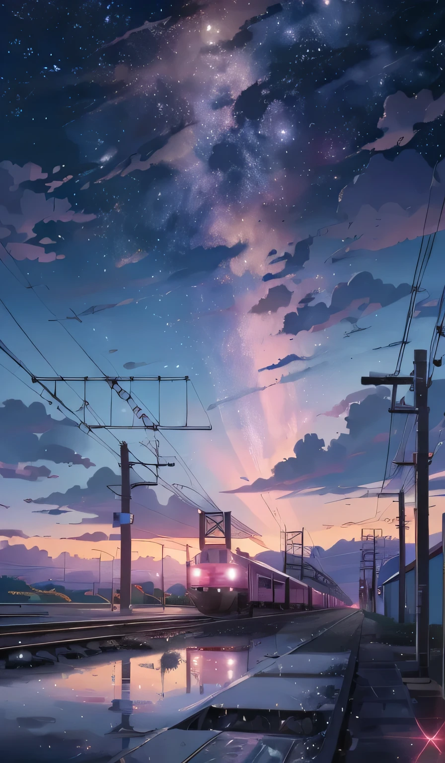 Cartoon train crossing tracks with sky background, A beautiful and harmonious scene, Exquisite animations, Rich details (Width is 672), high quality, Vivid 4K, Artistic 4k wallpapers, Amazing anime scenery, 8k art wallpaper.