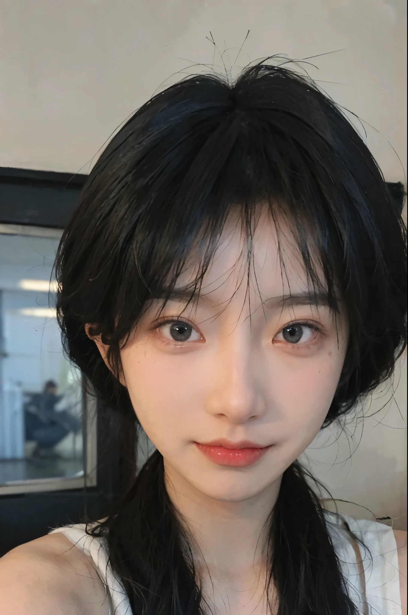 Best quality,Ultra-high resolution,(lifelike:1.4),Cute hairpin,2girll,Sparkling eyes,Short blue hair,jk,Snow-white skin,Blush,Slim beauty,At school,Ultra-fine face,Exquisite eyes,Double eyelids,