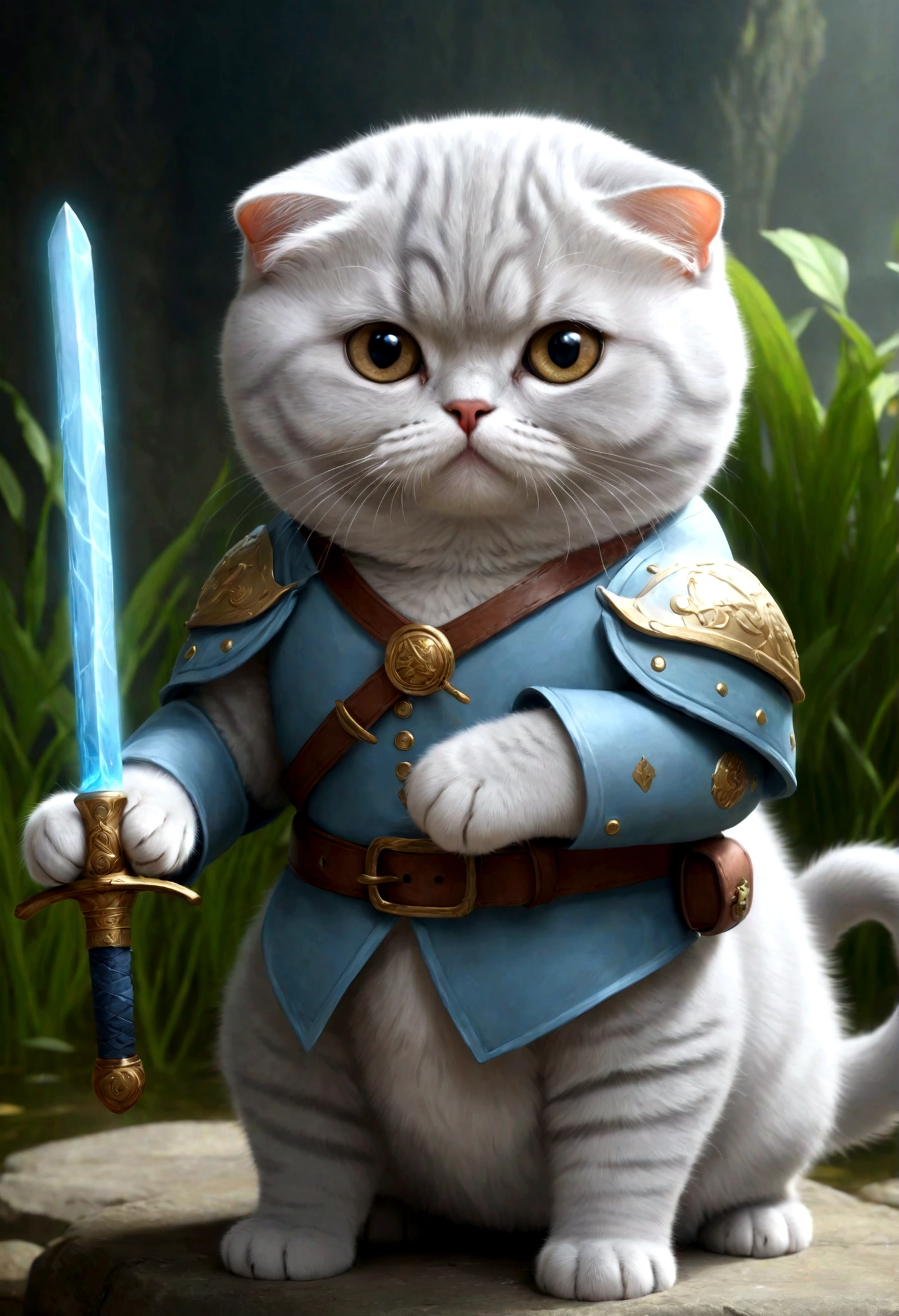 cute adorable Portrait Scottish Fold lightblue cat with a round and puffy body with sword, hot spring, write word "UNC" on forehead, adorable digital painting, realistic fantasy art, beautiful digital art