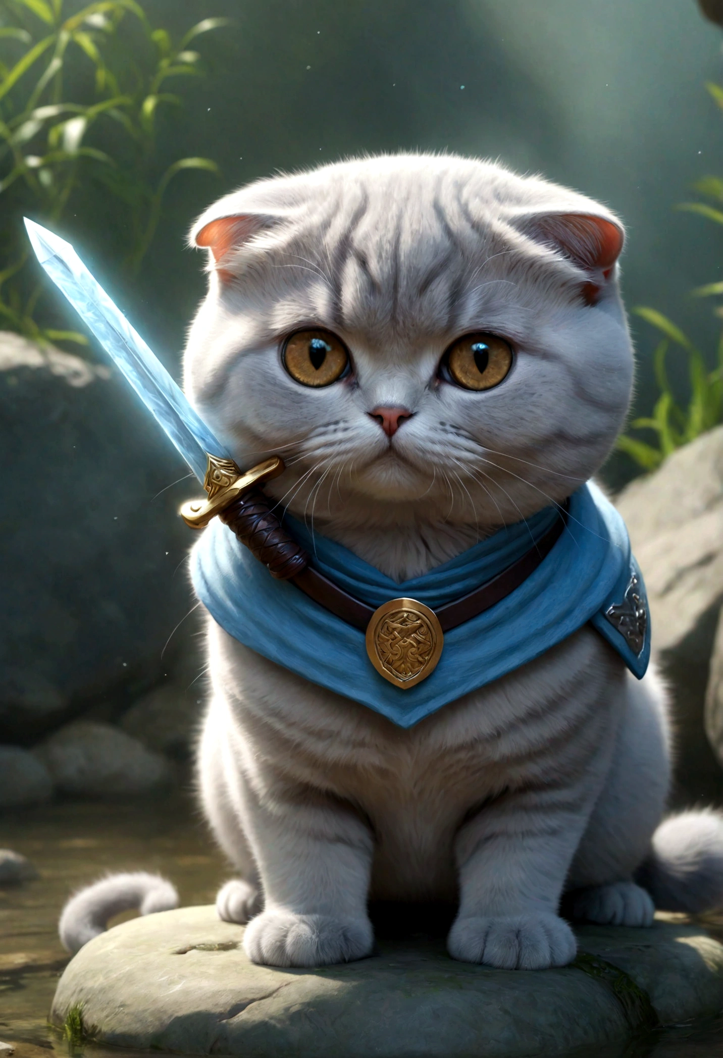 cute adorable Portrait Scottish Fold lightblue cat with a round and puffy body with sword, hot spring, write word "UNC" on forehead, adorable digital painting, realistic fantasy art, beautiful digital art
