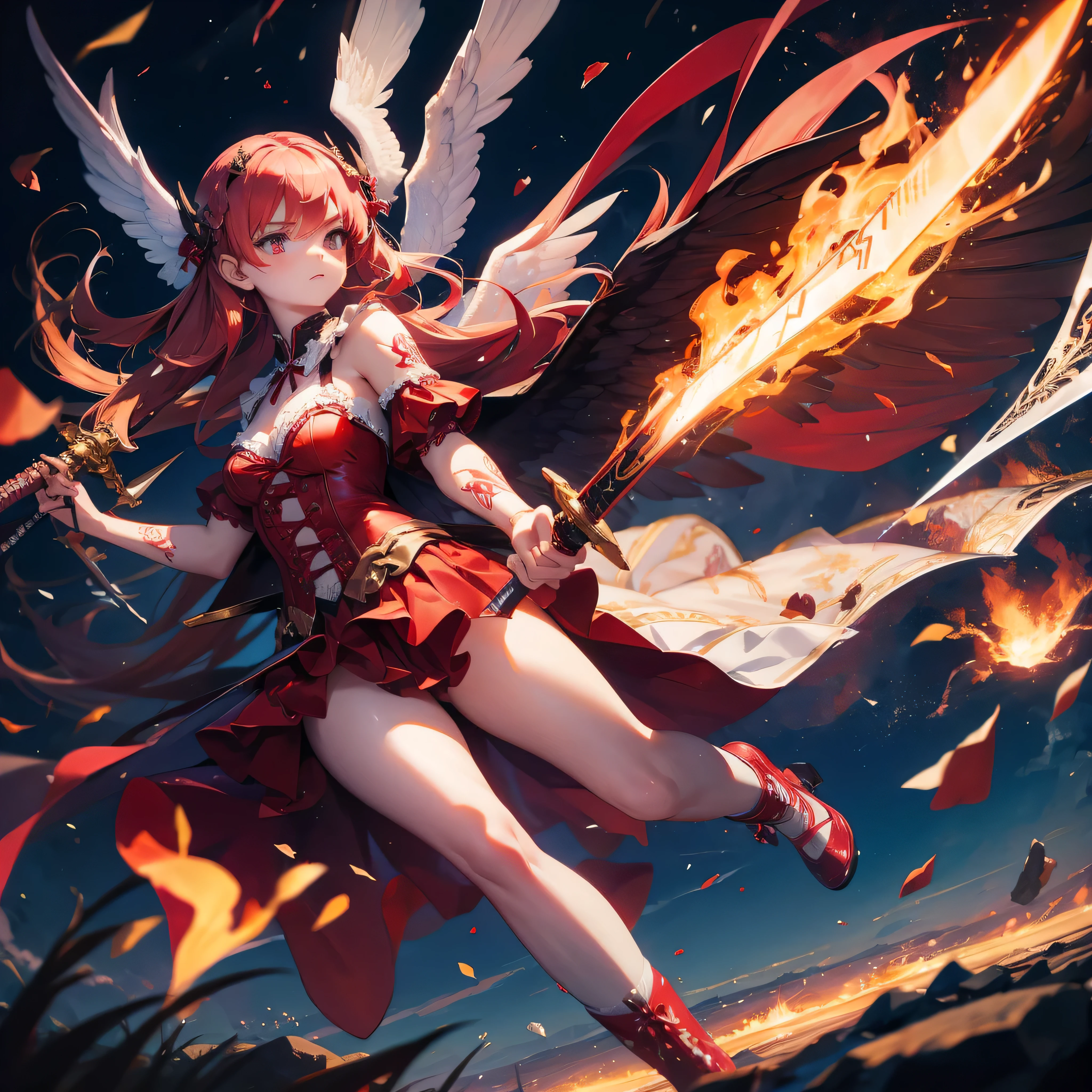 beautiful angel fighting with demon, tattoo, fire, sword, ta clothes, demon, 