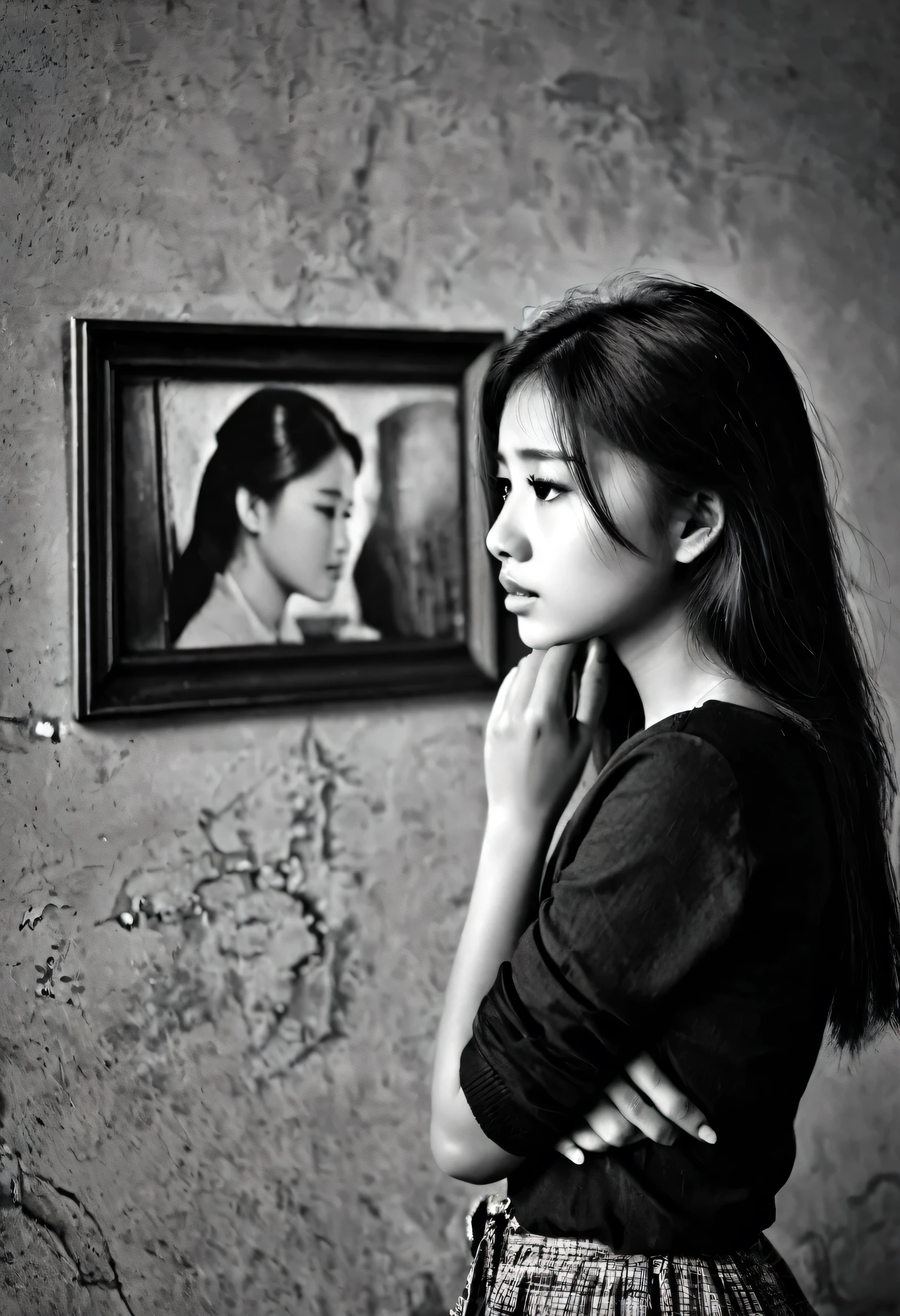a girl longing for a lover who gone away, she sadly look at the picture of the man on the wall 