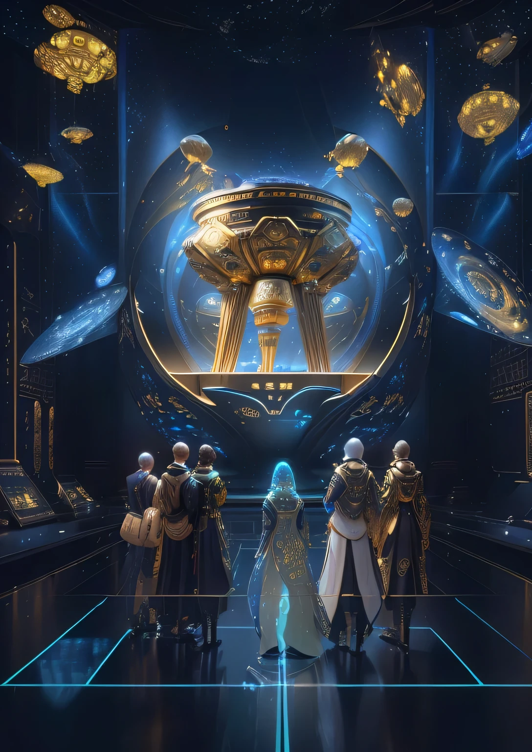 5 people surrounding a golden tripod, We go deep into the virtual universe, The encrypted metaverse, Computers and holograms, In a hologram of alien artifacts, Museum Background, virtual metaverse room,Chinese antique elements super detailed scp artifact jar, holographic products, 5 Archaeological Figures, 8k high definition jpeg artifact