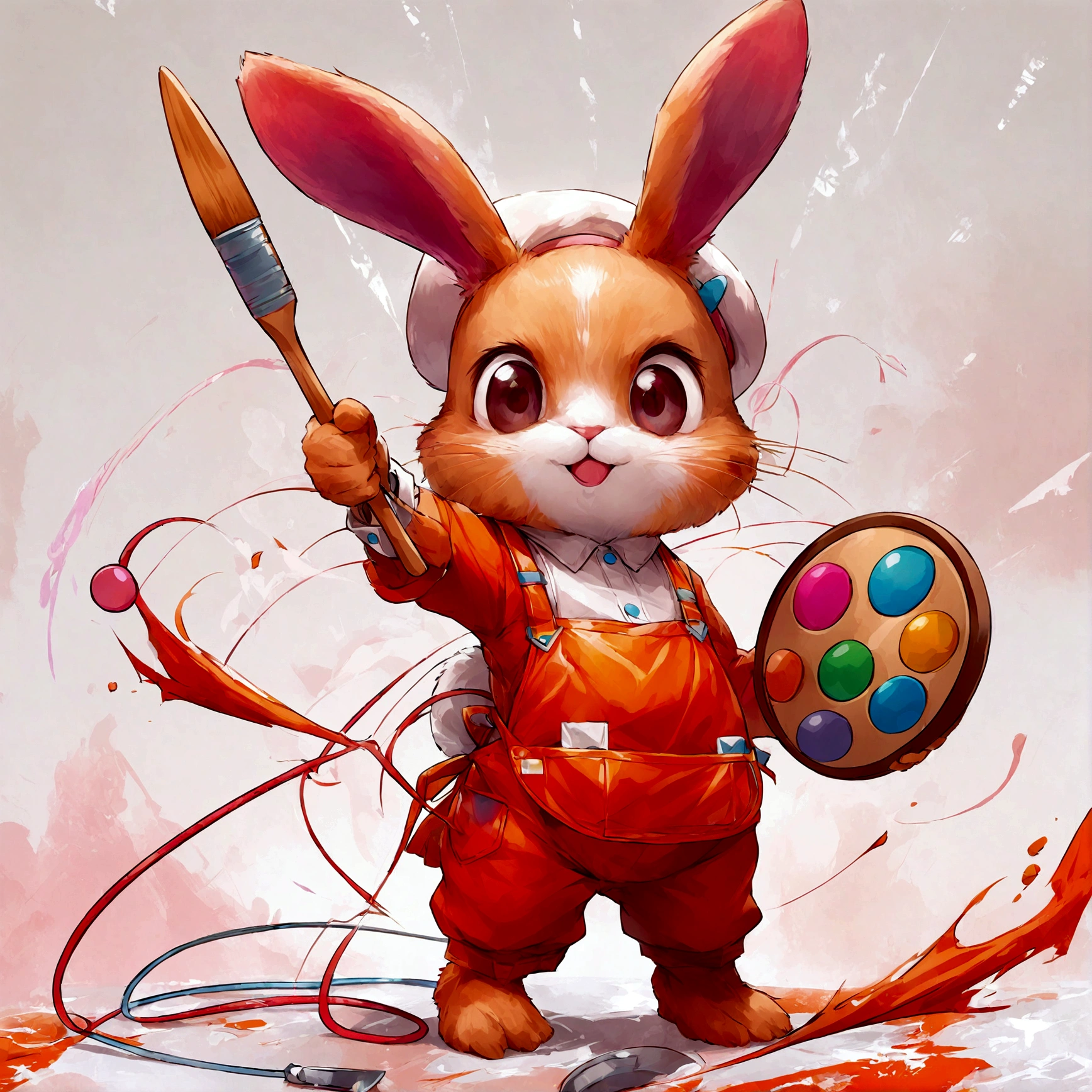A cartoon bunny wearing a beret and apron, masterfully creating an abstract piece with vibrant paints.