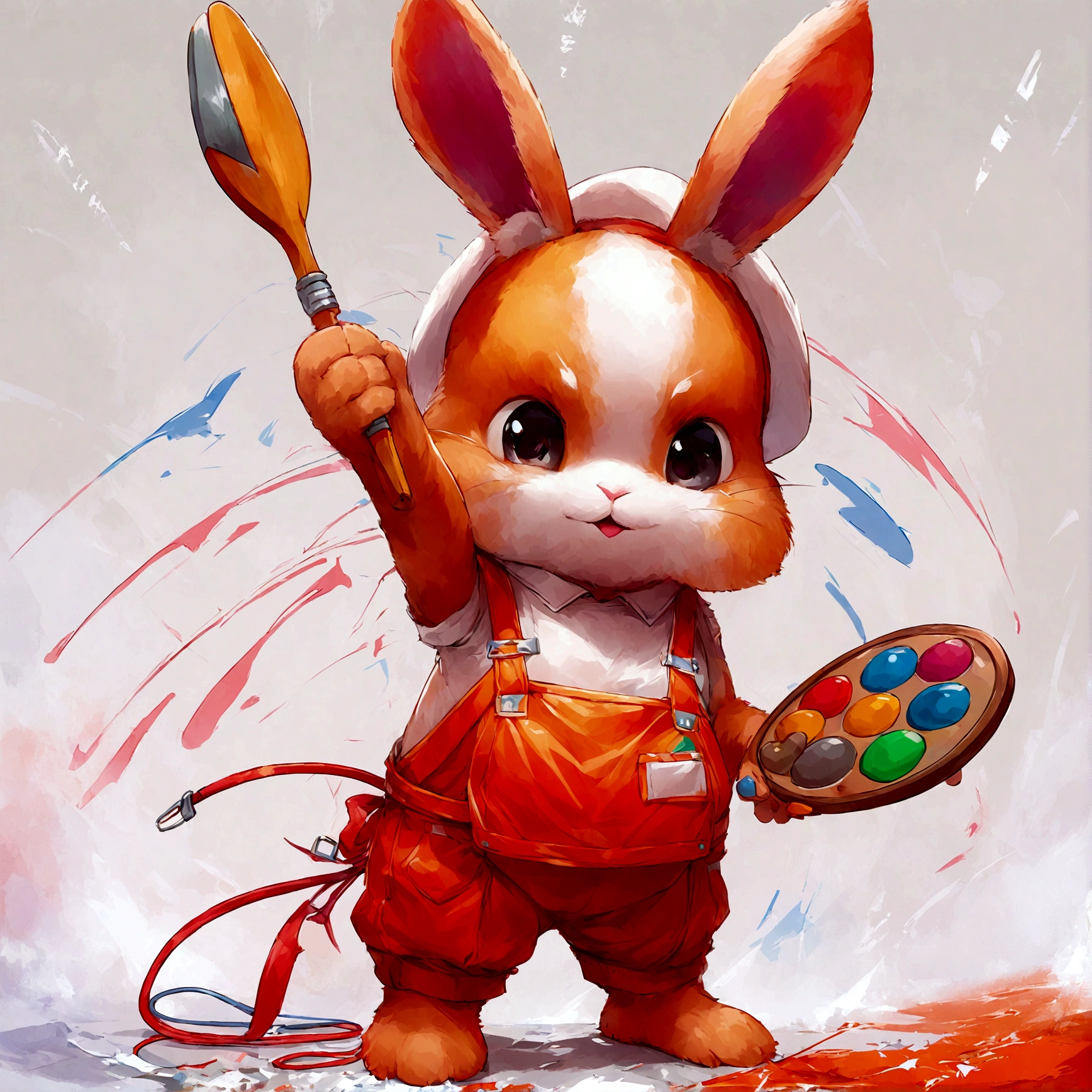 A cartoon bunny wearing a beret and apron, masterfully creating an abstract piece with vibrant paints.