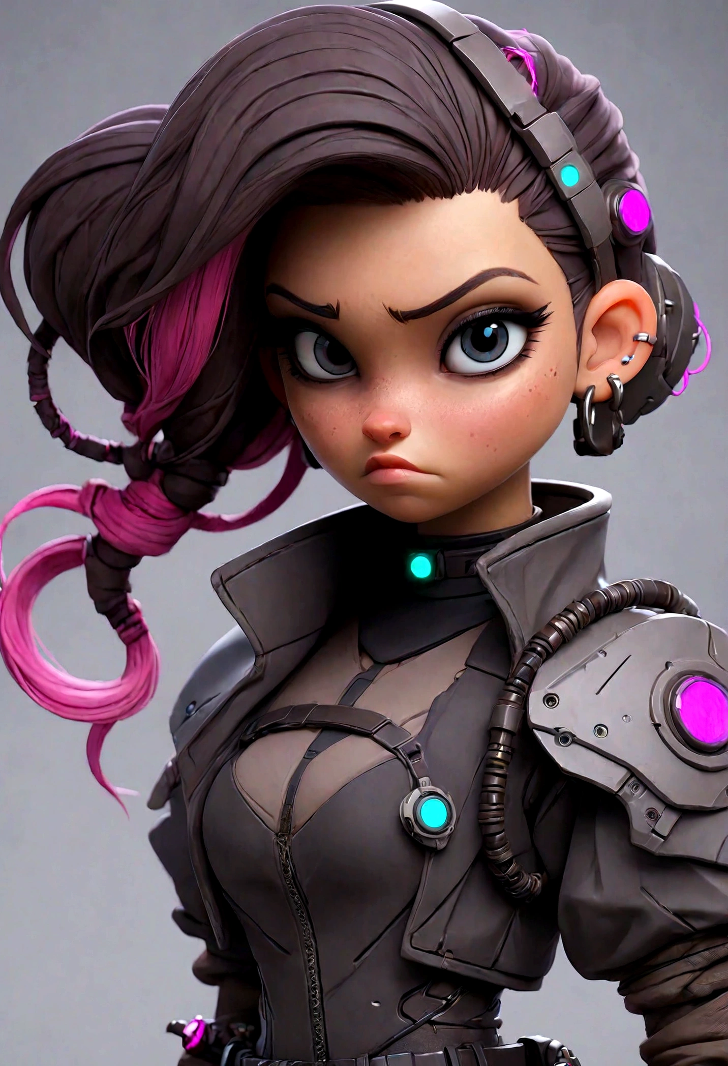 a pretty curvy girl, 18 years old, cyberpunk outfit, grey background