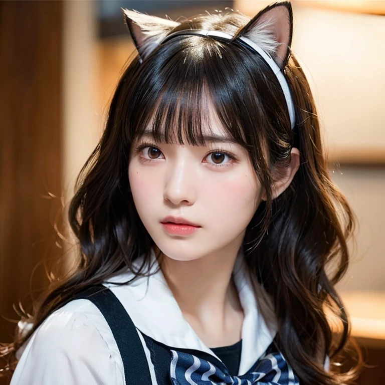 (highest quality,masterpiece:1.3,Ultra-high resolution),(Very detailed,Caustics,8k),(Realistic:1.4,RAW shooting),18-year-old,Japanese,A little sad look,Looking at the camera,Shiny skin, Slender body, Good figure,Rembrandt Lighting, (Photorealistic:1.2), (highest quality), (Detailed skin:1.3), (Intricate details), Ray Tracing,One girl, In detail,real,Detailed skin texture, Black Hair, Long Hair,Cat ears headband, (Wavy Hair:1.2), (Blunt bangs:1.2), cute, Sailor suit,(Face Focus:1.1),(Face close-up:1.1),(Low position::1.3),(Low Angle::1.3),Retro Cafe,