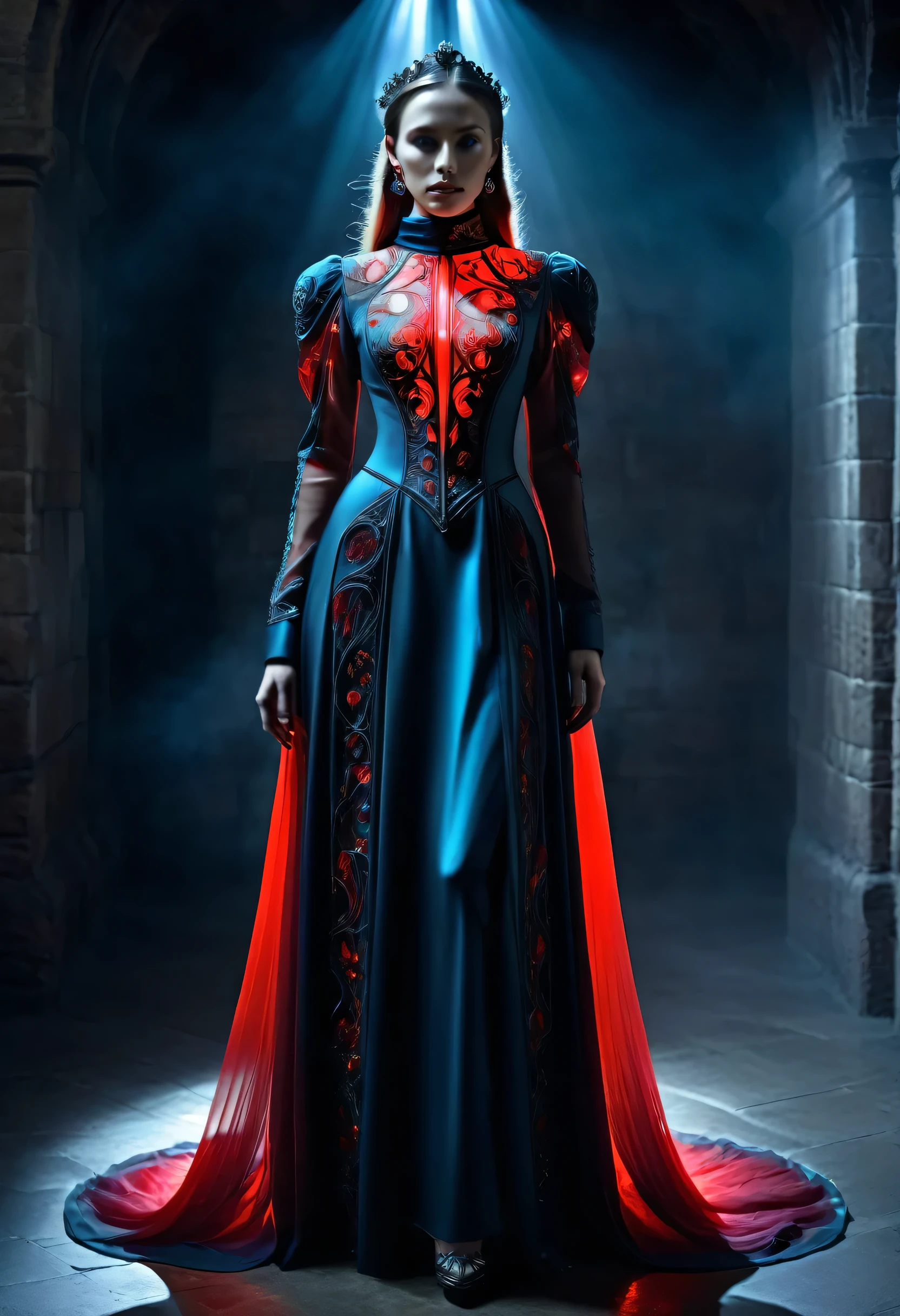 advance hi-tech medieval renaissance red light bioluminescent royal couture fashion, translucent, sophisticated fashion style, long dress, night gawn, complex style, photo model, high collar fashion, full view, long body torso, high pose, translucent color, epic realism, UHD, ultra detailed, head to toe photo