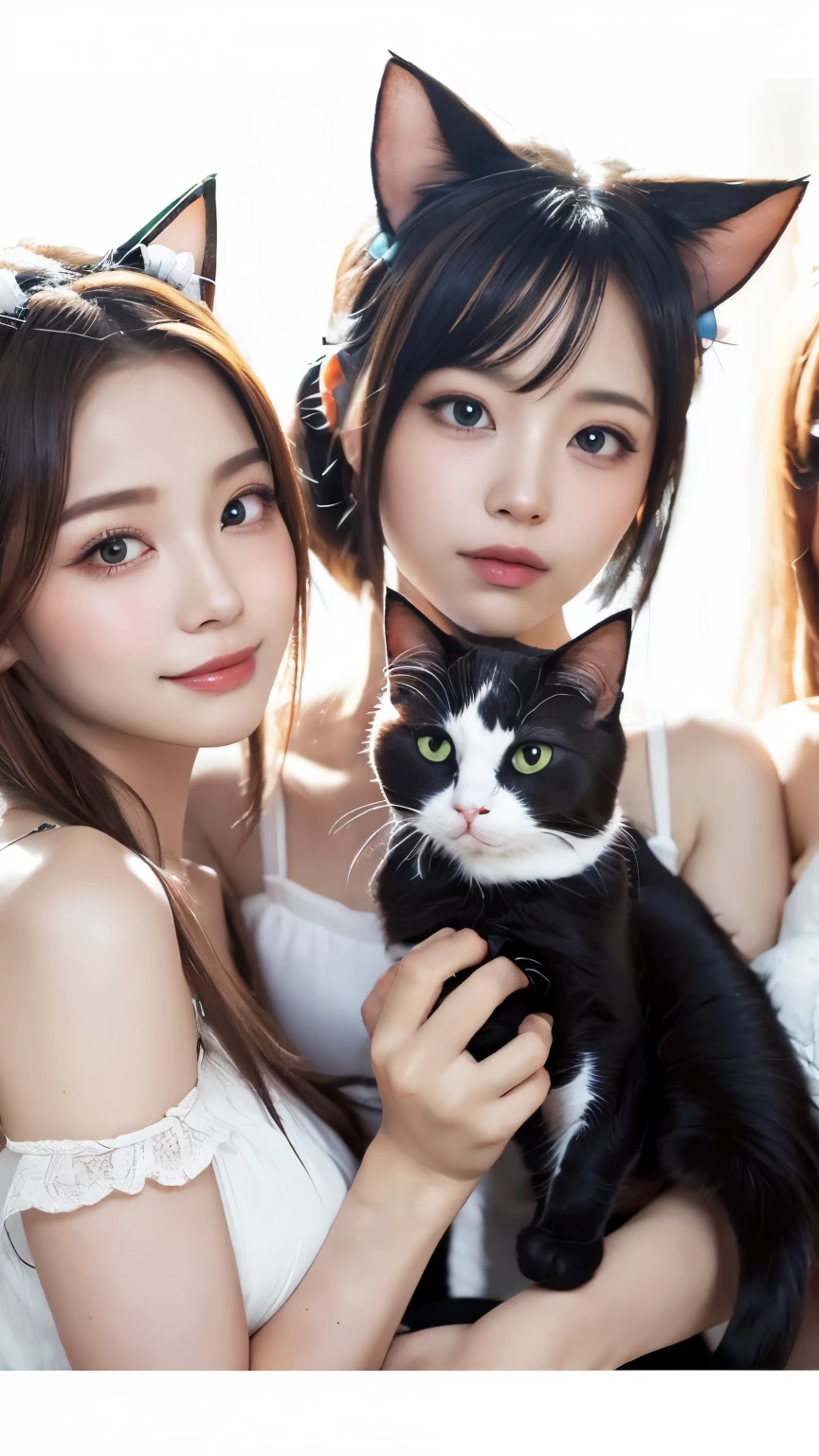 masterpiece, 4k, Bokeh, beautiful face, Harem, (multiple girls:1.4), (Group Photo:1.5), (Cat ears:1.3), (white bob hair:1.3) , looking at the viewer, holding cats in both hands, (white background :1.4), closeup