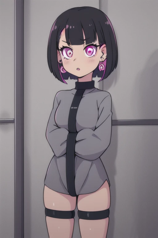 pink eyes, nirachan, earrings, bob cut, grey shirt,
standing, upper body, 
 (high quality:1.1), (high resolution:1.1), 4k, 1girl, bondage, bdsm, bound, costume, clothes, style