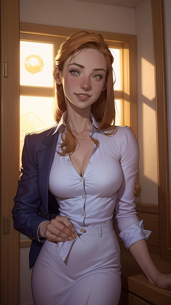 uma mulher de terno bege e camisa branca posando para uma foto, woman in business suit, garota de terno, imagem profissional, garota de terno, young Business woman, retrato profissional, retrato corporativo profissional, malika favre, foto profissional, Business woman, retrato promocional, Foto de uma mulher, cabelo escuro curto e cacheado sorrindo, jovem sofisticada, Júlia FontesPortrait of a young woman, 8k realista, luz natural suave, 85mm, luz do sol em seu rosto, cinematic lighting, Lumen reflections, fotografia, ambiente de boate, hiperrealismo,