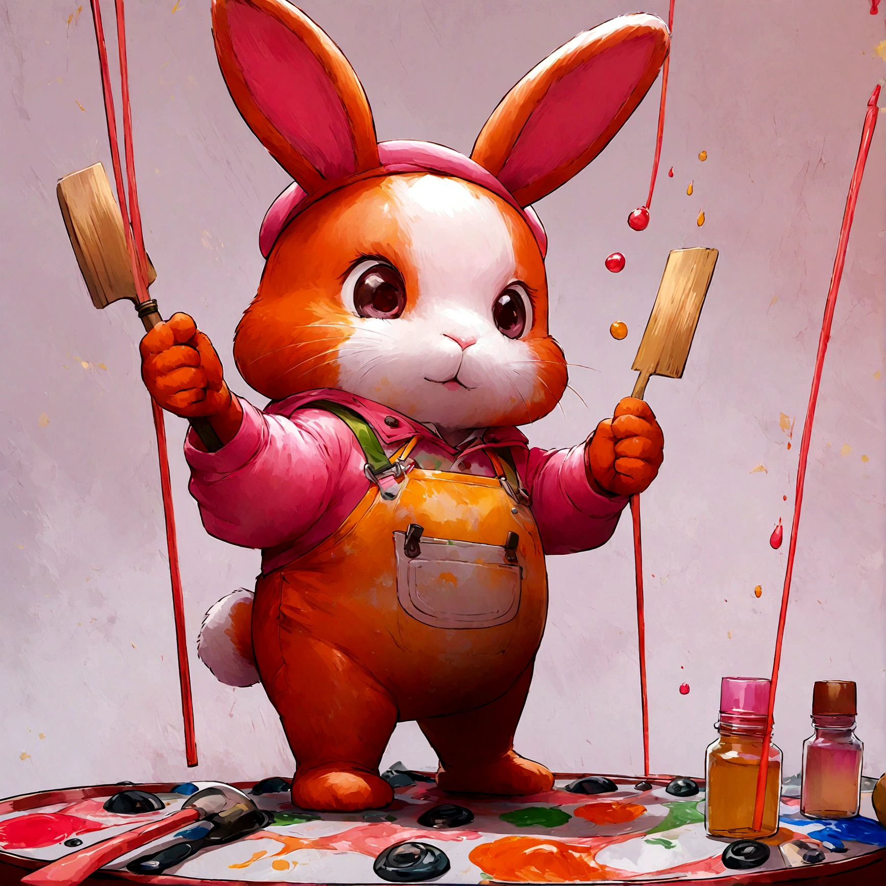 A cartoon bunny wearing a beret and apron, masterfully creating an abstract piece with vibrant paints.