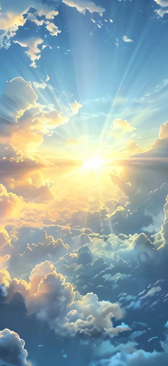 There is a picture of an airplane flying in the sky, among sunny clouds, luminous sky Heaven Background, Heaven Background, Clouds in the sky, Light in the Sky, background heavenly sky, Heavenly light, Sunlight shines through majestic clouds, Paradise scenery, colors of heaven, surrounded by clouds and light, background is heavenly, Paradise atmosphere, Meticulous skies, Sunlight shining through the clouds, sunny sky