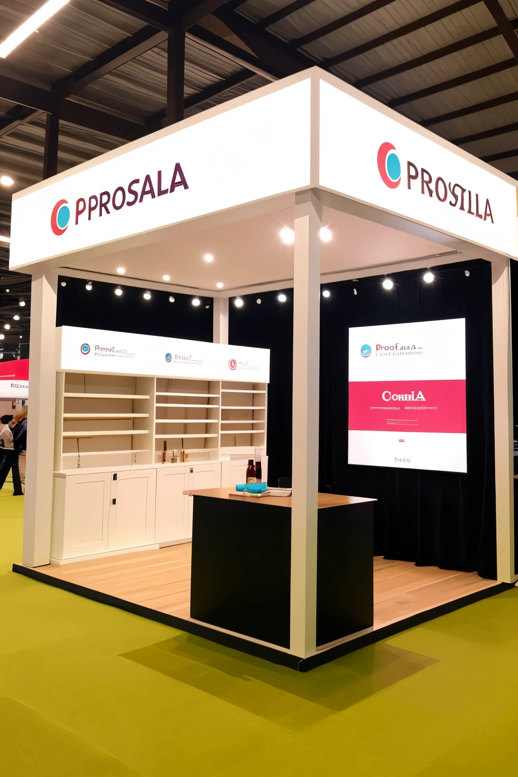 muestra un stand comercial, con pocos productos y cientos de personas exigiendo mas productos. en estilo realista.
