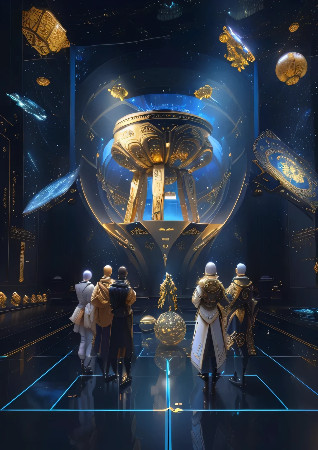 5 people surrounding a golden tripod, We go deep into the virtual universe, The encrypted metaverse, Computers and holograms, In a hologram of alien artifacts, Museum Background, virtual metaverse room,Chinese antique elements super detailed scp artifact jar, holographic products, 5 Archaeological Figures, 8k high definition jpeg artifact