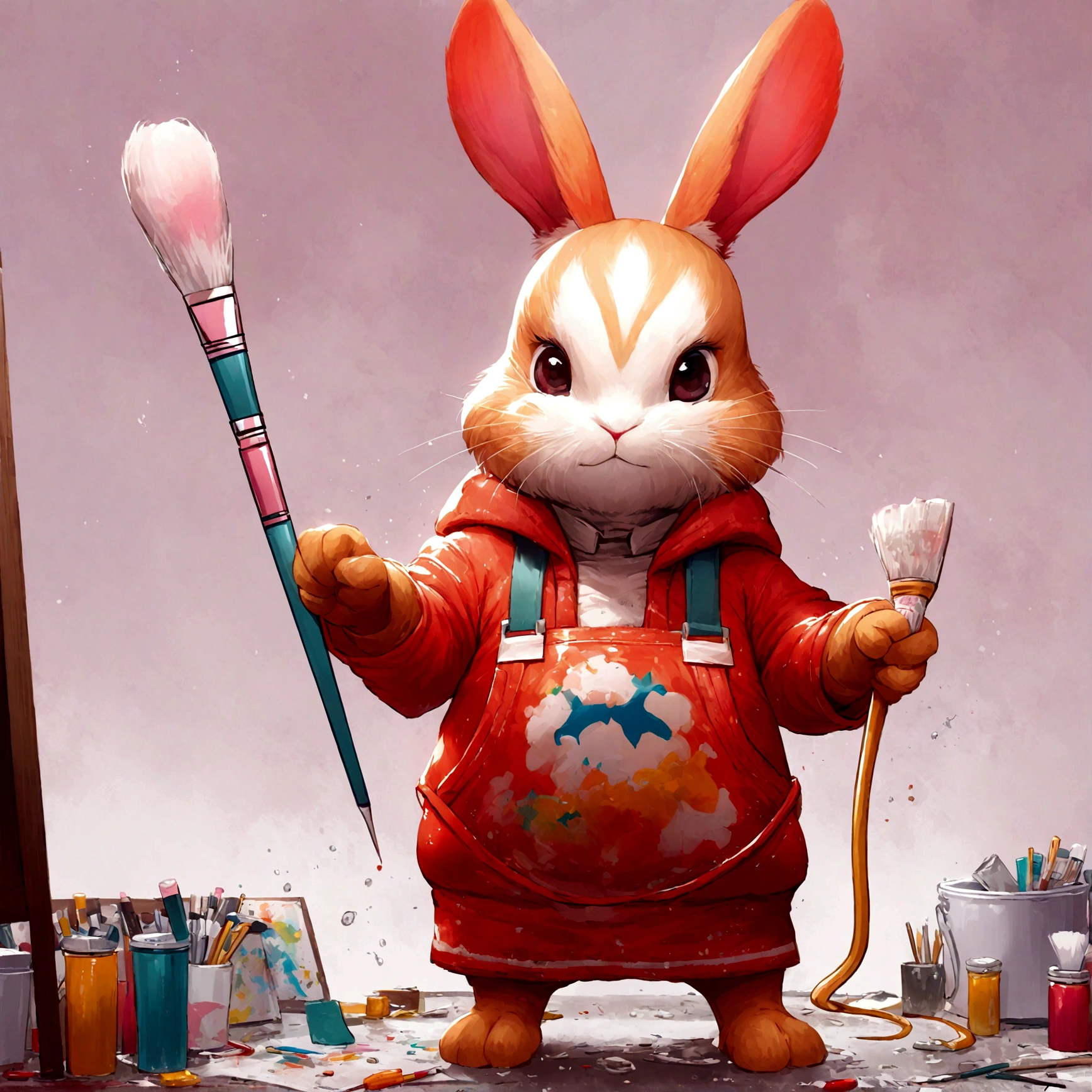 A skilled rabbit painter in a studio, surrounded by art supplies, working on a detailed portrait with focus and precision.