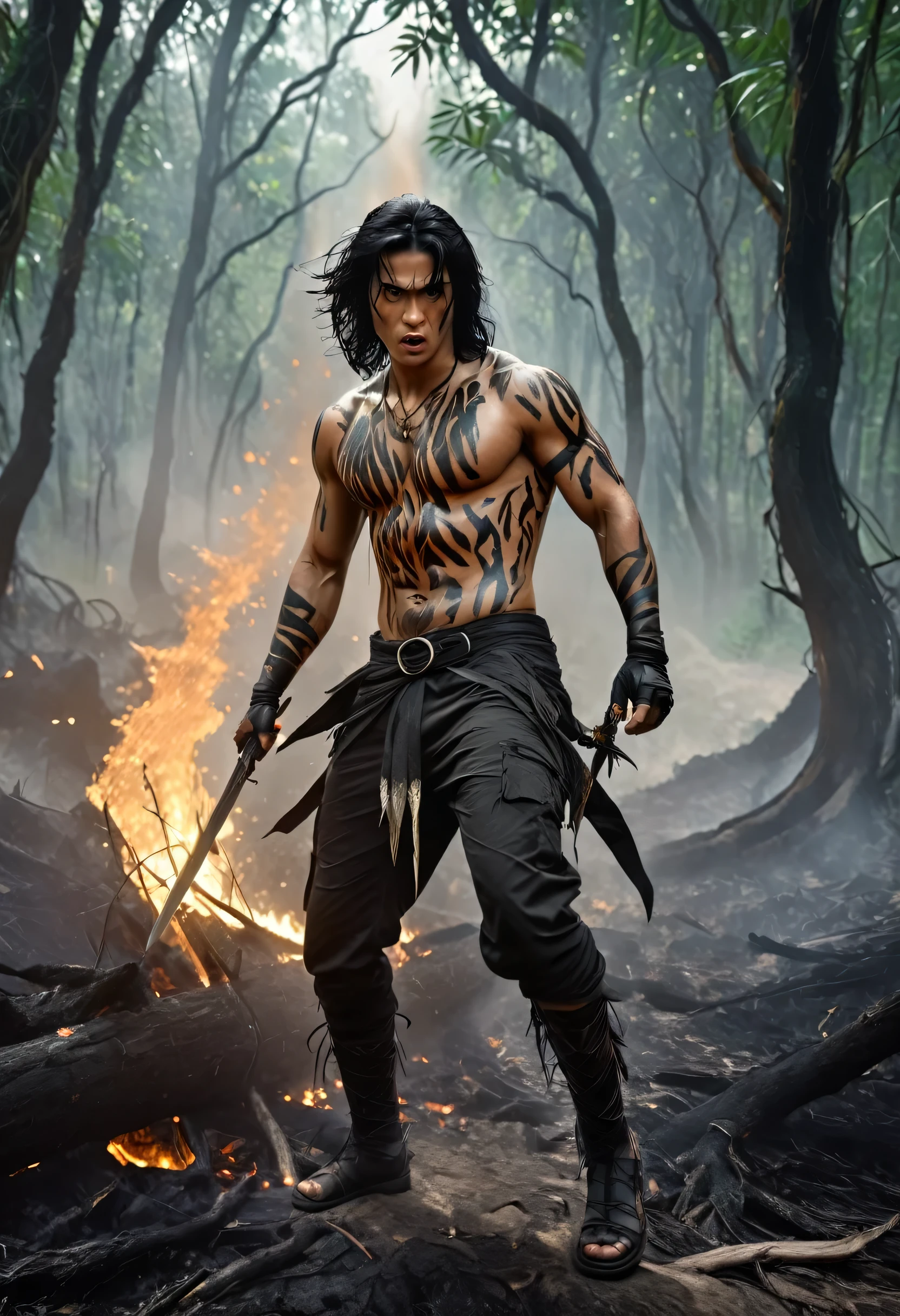  (masterpiece) male young jungle warrior, run dodging, bark_skin short pants, dagger in hand, wrath expression, long black hair, forest fire scene,  epic realism, hyper detailed, UHD,  