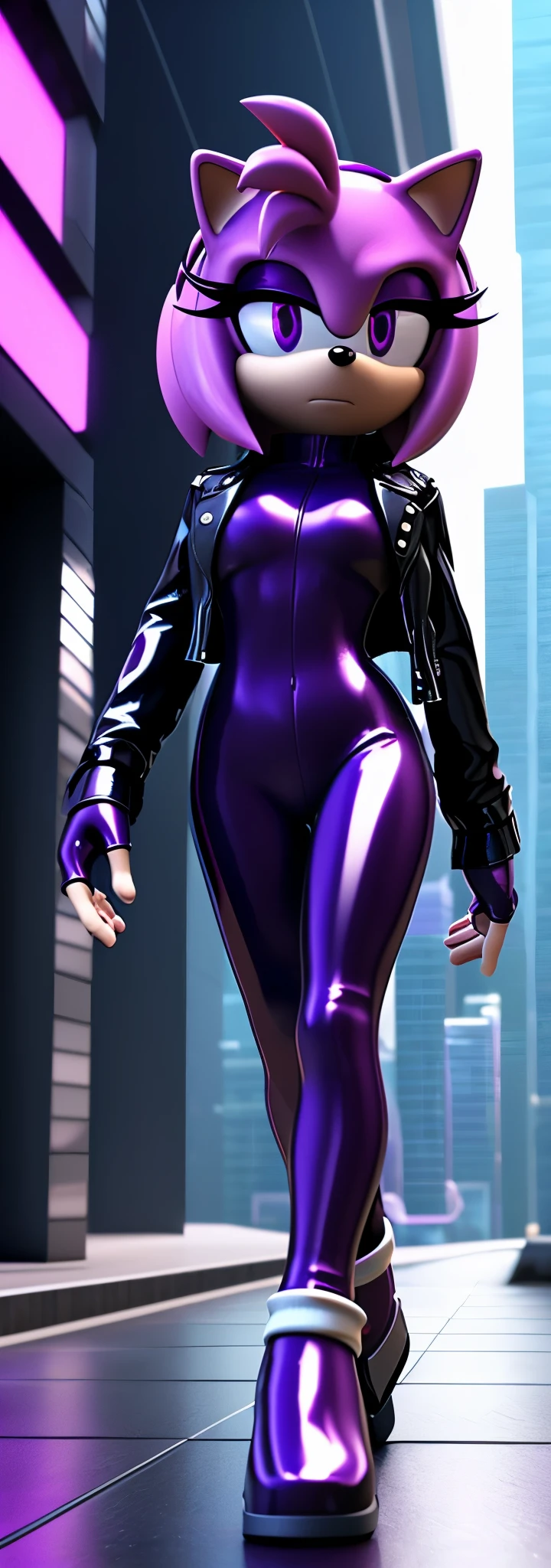 Solo, 1girl, full body image, rendered in SFM, ((sonic oc:1)), from sonic, high detail iconic character, in the new action-movie sonic, cyberpunk city, official render, 3d render official art, toon shader, ((female)), (((purple hedgehog:1))), ((shiny)) (purple fur:1.0), (((Amy rose style quills))), (((metallic purple eyeliner))) ((deep purple eyes:1.5)), ((calm neutral expression)), ray trace 4 k, ray trace 4k, (((metallic purple latex bodysuit))), (((leather jacket))), ((fingerless gloves:0.9))
