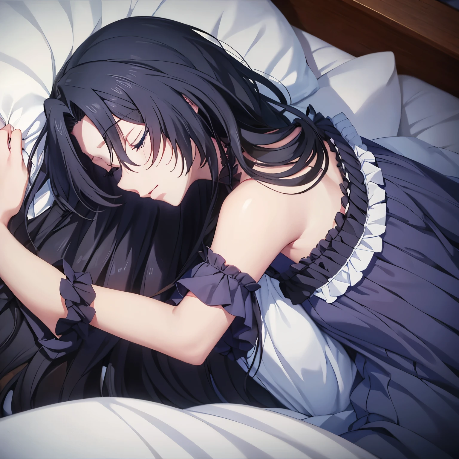 1 woman,Sleeping on your back, in bed,camera angle from above, long hair, black hair, blue eyes, nightgown, close up photo