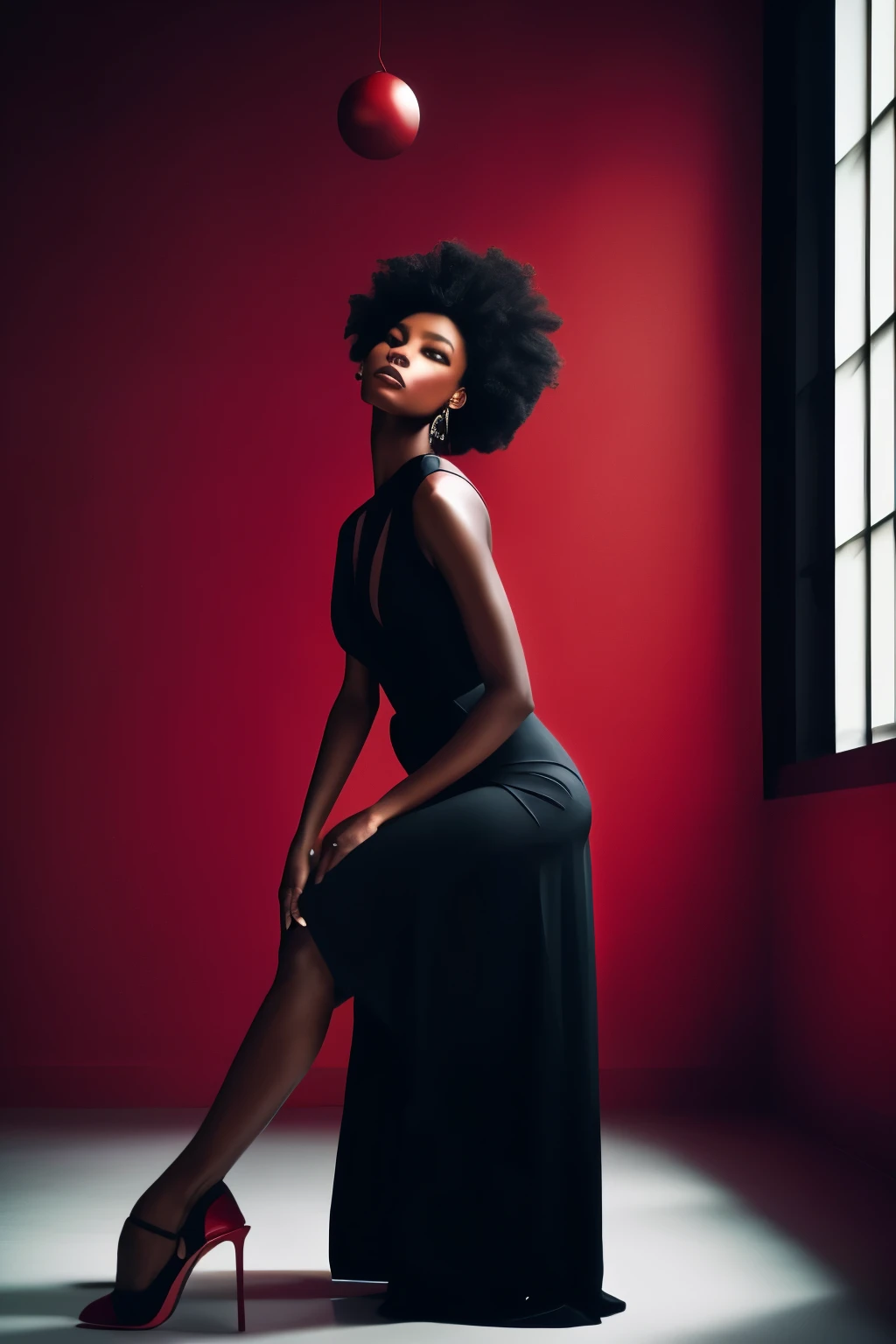 (Masterpiece) A strikingly detailed, ultra high definition side angle shot of a poised black woman, reclined in an empty space, with a vibrant red sphere as the only color element against a backdrop of monochrome tones. The style echoes the air of elegance and sophistication typical of black and white photography, yet the red sphere stands out, imbued with a rich, striking hue that captures the viewer's eye. The overall composition is reminiscent of award-winning photography, showcasing the woman's elegance and the intricate details of her form in a cinematic, high detail, and visually captivating 32k image.
