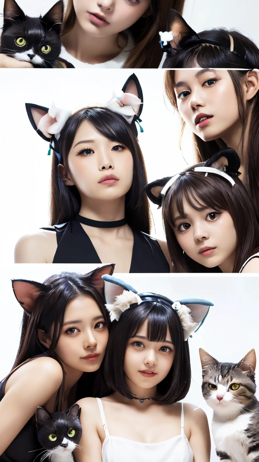 masterpiece, 4k, Bokeh, beautiful face, Harem, (multiple girls:1.4), (Group Photo:1.5), (Cat ears:1.3), (white bob hair:1.3) , looking at the viewer, holding cats in both hands, (white background :1.4), closeup