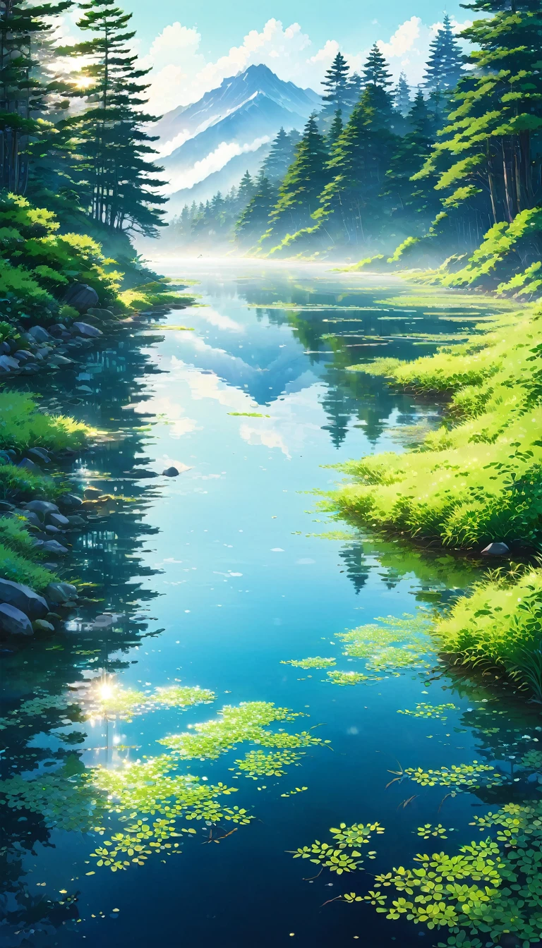 lake, lake面, Water mirror, reflection, Morning Glow, Asahi, Mountain, Mountain脈, 雪Mountain, Remaining snow, Fresh greenery, wood々, forest, Conifer, Hardwood, Silence, Clarification, air, Transparency, 青いlake, turquoise blue, Emerald green, Gradation, 朝fog, fog, mysterious, Magnificent, Silence, bird, 小bird, birdsong, Waterfront, Waterweed, Pebble, wood漏れ日, Morning light, Watercolor, Landscape Photography, Spectacular views, Healing, Take a deep breath, refresh, beautiful Anime Scenery, Landscape painting, Beautiful digital painting, Andreas Rocha, Beautiful artwork illustration, Awesome Wallpapers, Raymond Han, Tall beautiful paintings, Studio Greeble Makoto Shinkai, Beautiful Wallpapers, Anime Scenery