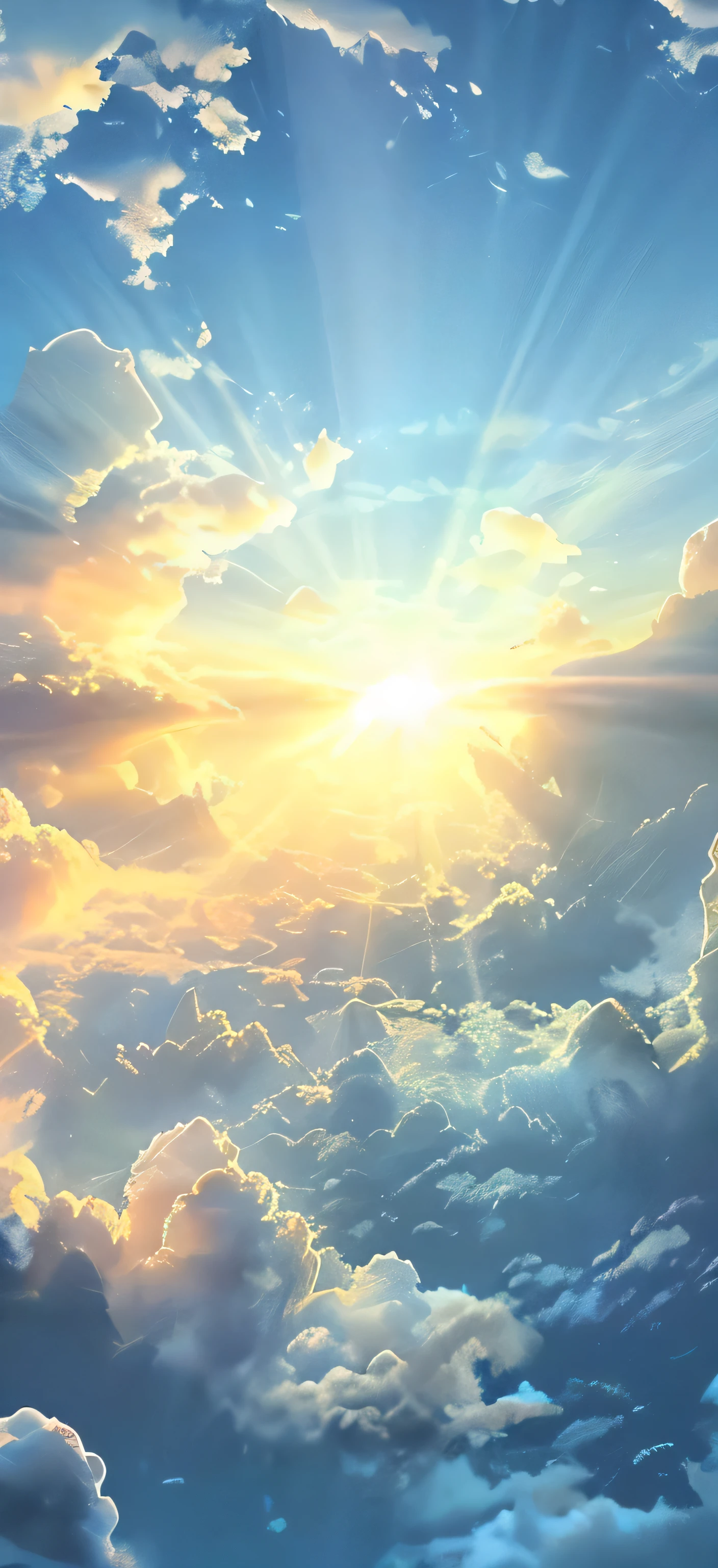 There is a picture of an airplane flying in the sky, among sunny clouds, luminous sky Heaven Background, Heaven Background, Clouds in the sky, Light in the Sky, background heavenly sky, Heavenly light, Sunlight shines through majestic clouds, Paradise scenery, colors of heaven, surrounded by clouds and light, background is heavenly, Paradise atmosphere, Meticulous skies, Sunlight shining through the clouds, sunny sky