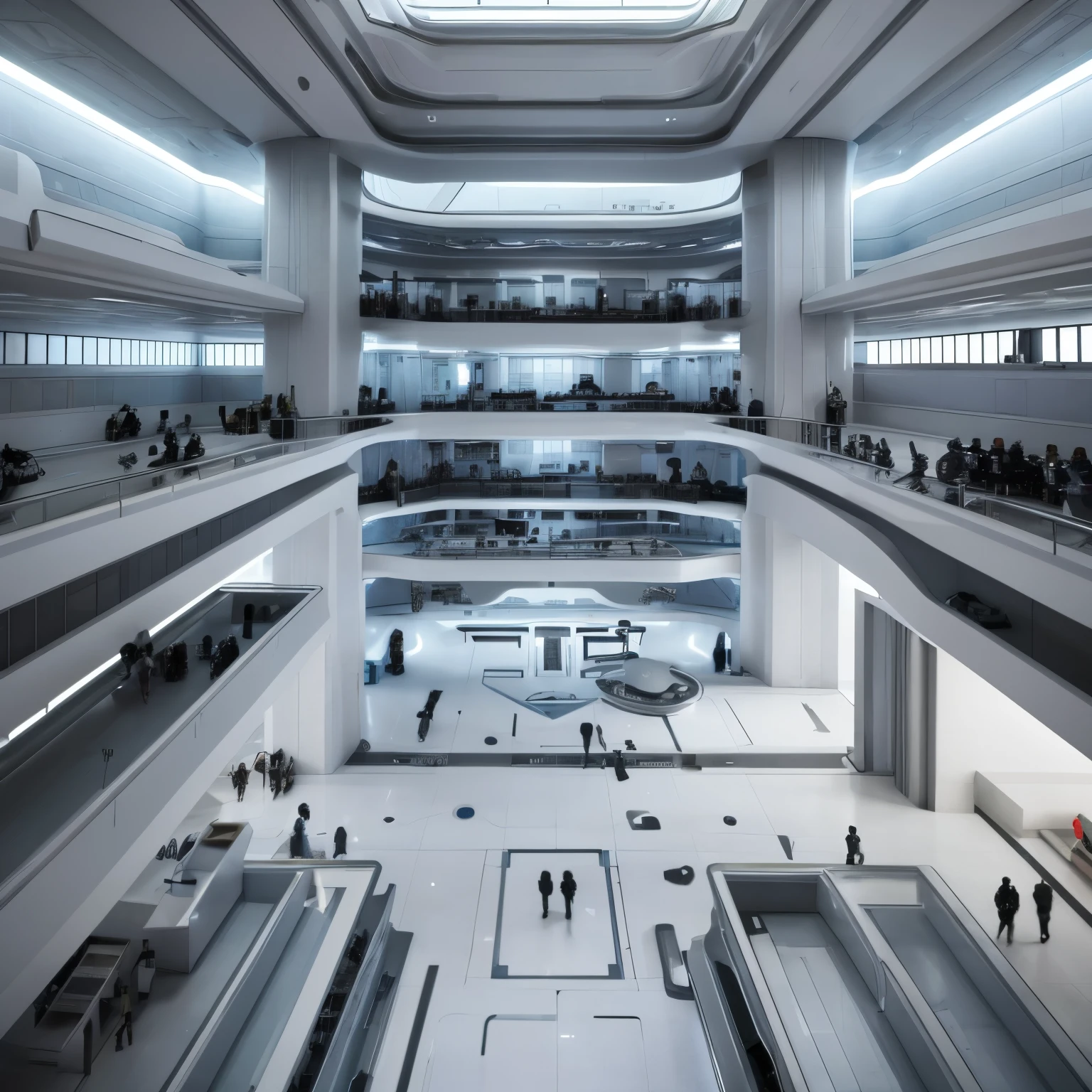 Inside a sci-fi building complex，The laboratory of science fiction，The laboratory of the future，futuristic city，Inside the Institute，Research Units，Large command room，future technology，White environment，high tech，future technology，Future machines are everywhere