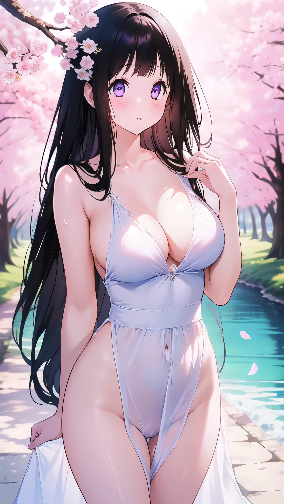 Amazing Chitanda, There is only one beautiful girl,Purple Eyes, Black Hair, Very red face,Very white skin,Glowing skin,Skin as delicate as porcelain,Naturally straight hair, Straight bangs,Extremely refined,Open lips,Long flowing hair,Beautiful Girl, Like a dream,Slim,Slim waist,Soft, (Sensual), (Kawaii), Dream quality,Beautiful big breasts,Areola,Completely naked,Wearing a transparent hole wedding dress,Flower decoration,Deep V neckline,Loose neckline,Wide neckline,River walk,Sweaty and sweaty,Next to the cherry blossom trees,Back to,Lean over,Hips,Side body,Gluteal groove,Bare back,Completely naked back,Light transmission,no pants,pussy juice,Bare shoulders,Bare neck,Exposed collarbone,Exposing breasts,Exposing breasts side,Show your waist,Show your buttocks,Show your thighs,Exposing the groin,No pants,extremely shy,Ultra-high resolution, (masterpiece:1.2, best quality), (Delicate and beautiful eyes: 1.2), (Beautiful and delicate face)