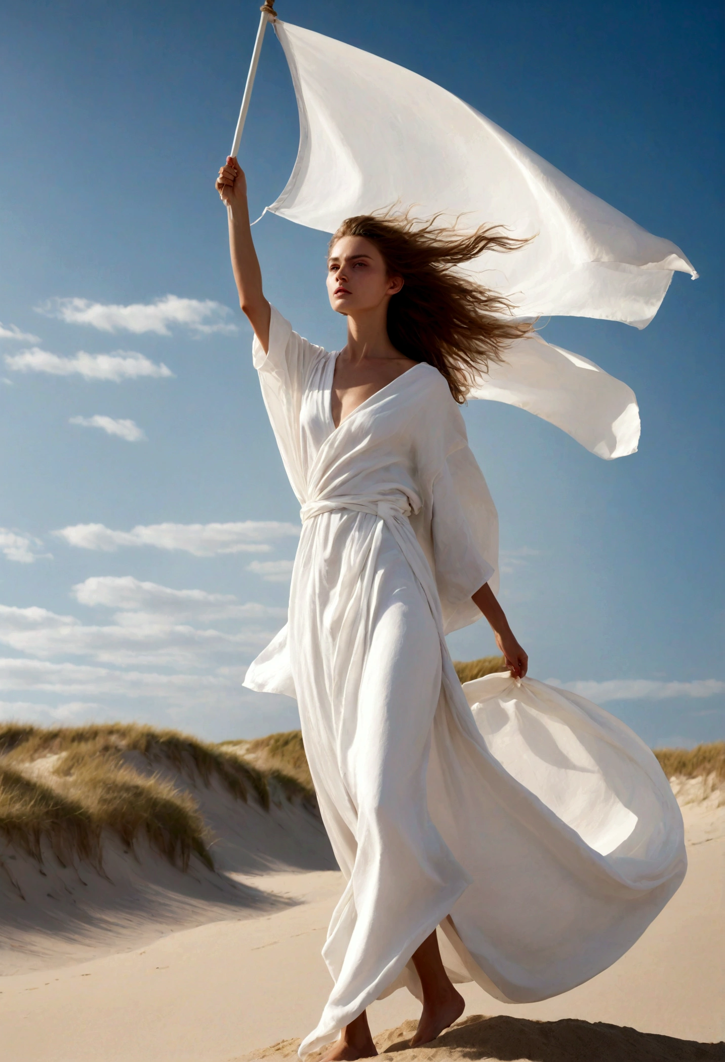 slavic 23 years old model standing on top of a sandy beach, a portrait of issey miyake, slavic features, flowing white robes, open skies, wind blowing and hair flowing, holding a white flag, the energy is released, cuban setting, euphoric, mana in the air, 